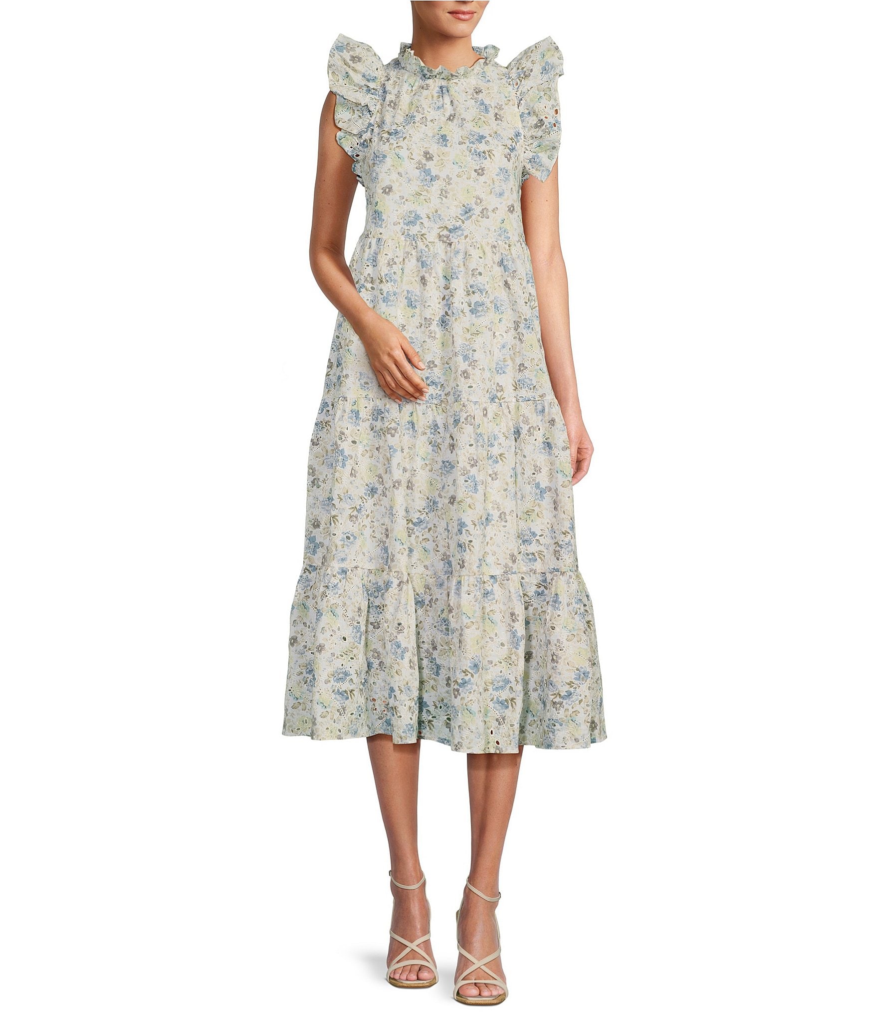 Short Dress w/ Ruffle Sleeve & Criss Cross Back by Elan - Blue Floral Santa  Fe - Miss Monroe Boutique
