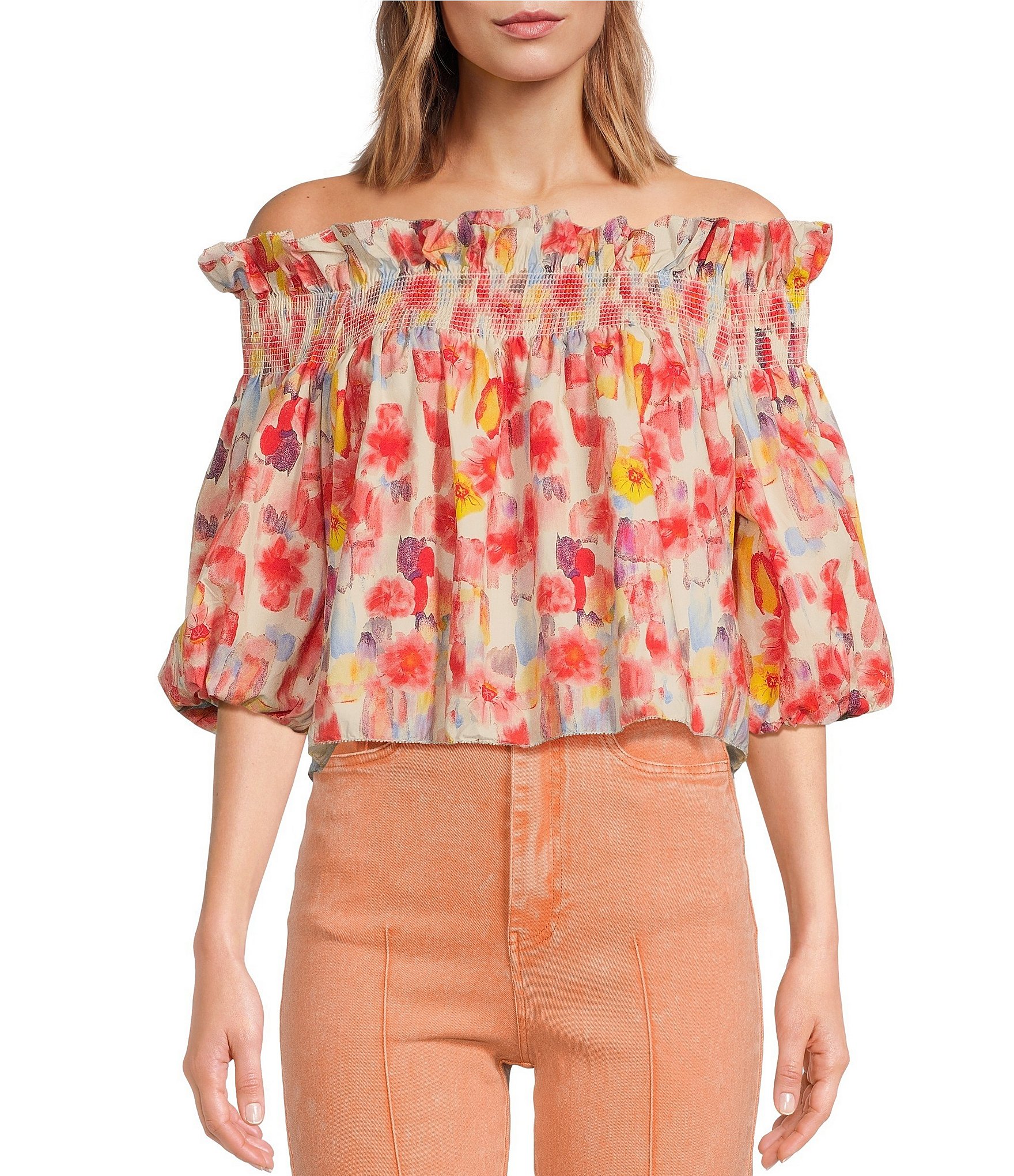 En Saison Giada Floral Print Off-the-Shoulder Long Sleeve Top | Dillard's
