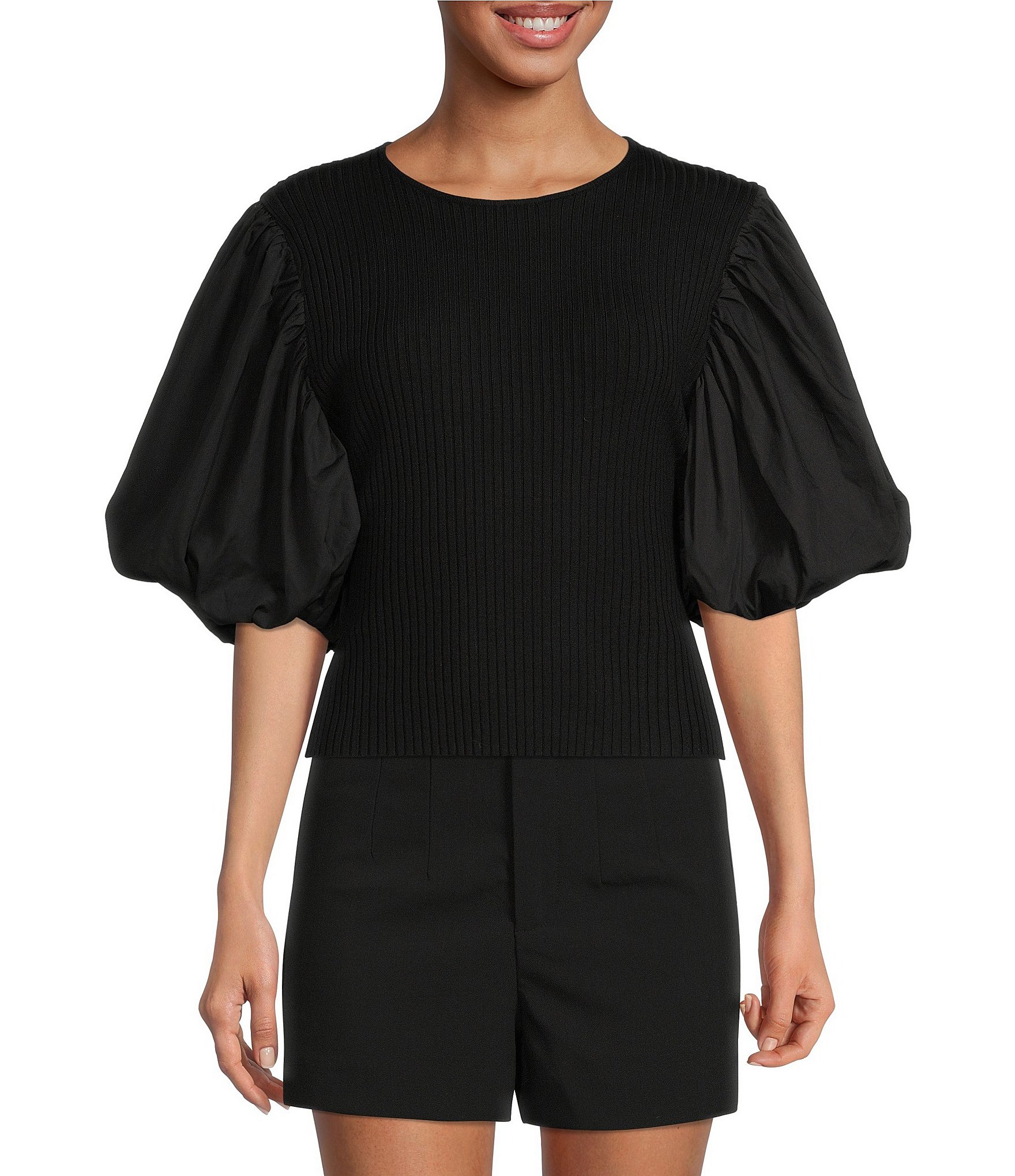 En Saison Maxime Crew Neck Short Puffed Sleeve Blouse Open Tie Back