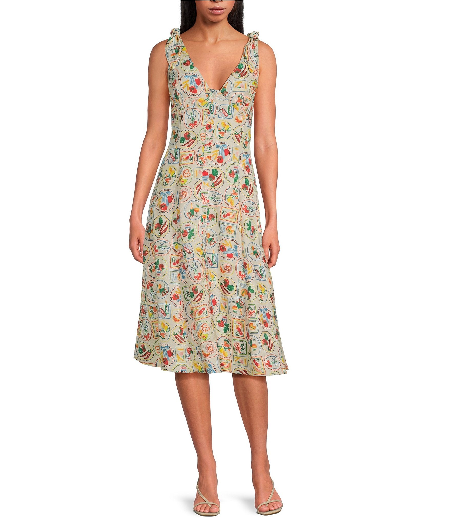 En Saison Nayeli Fruit Print Linen Blend V-Neck Sleeveless Button Front Midi Dress