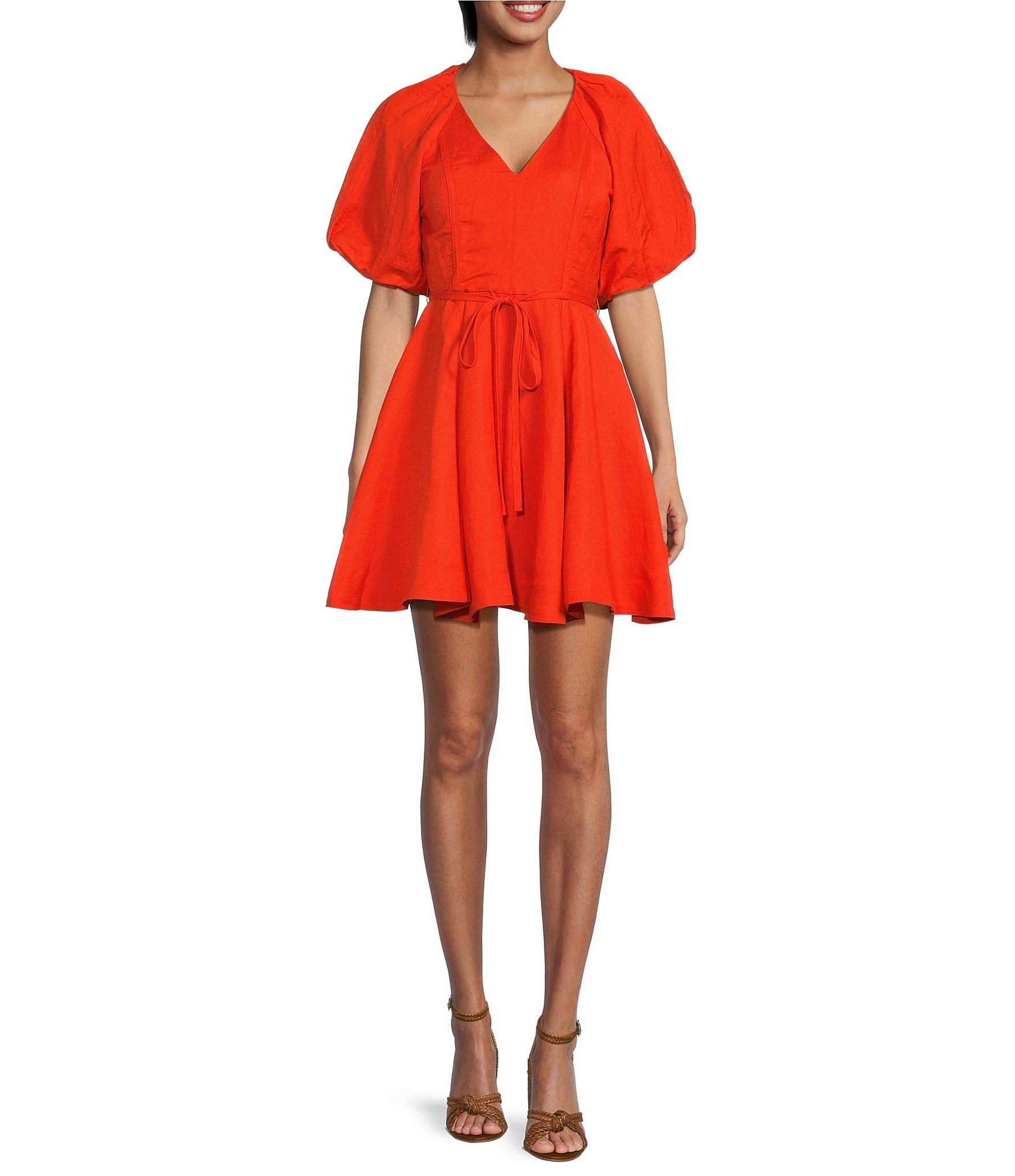 En Saison Sonnet Flared V Neck Short Bubble Sleeve Mini Dress