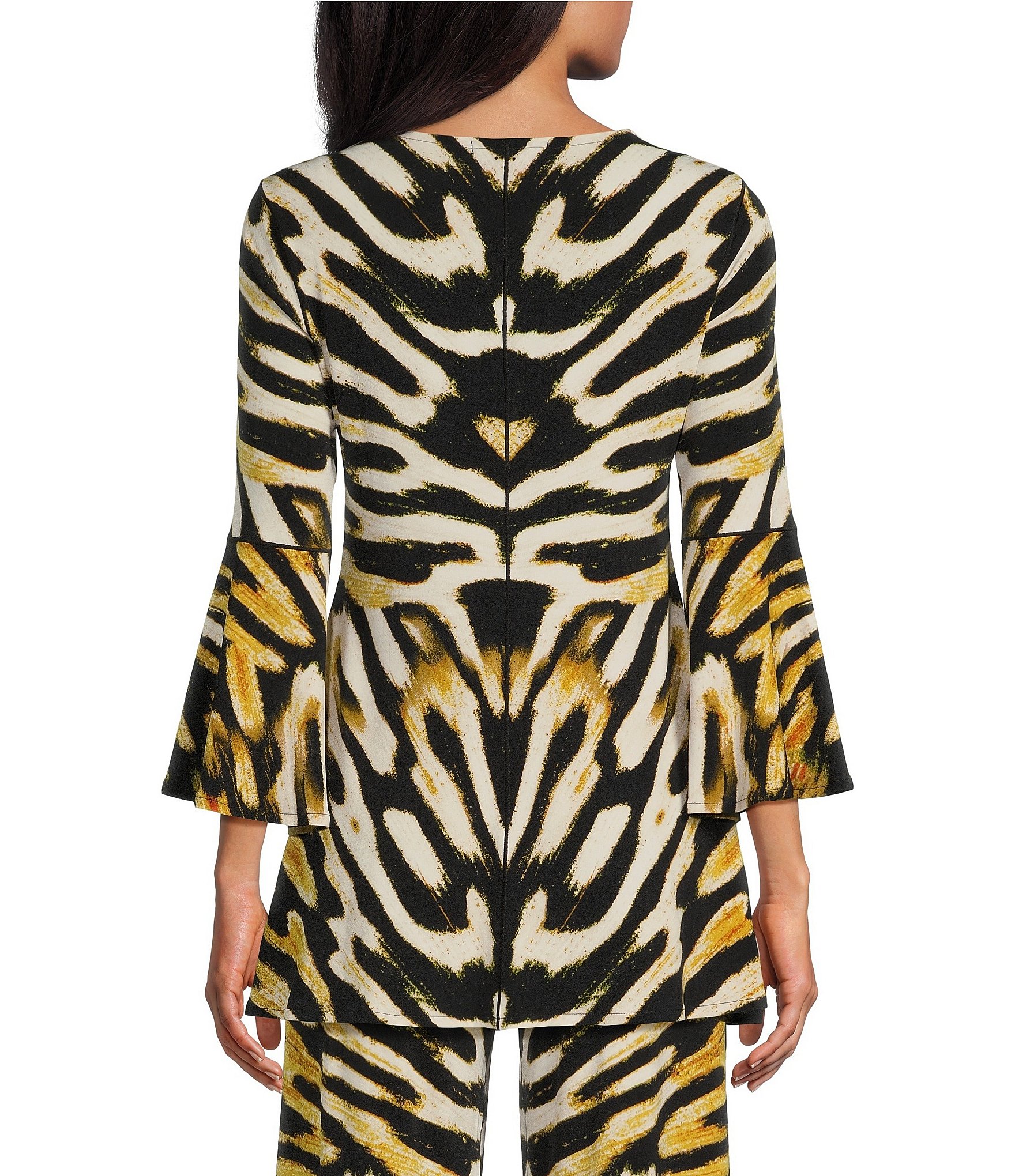 Eva Varro Abstract Animal Print Knit Jersey Twist V-Neck 3/4 Bell Sleeve A-Line Coordinating Tunic