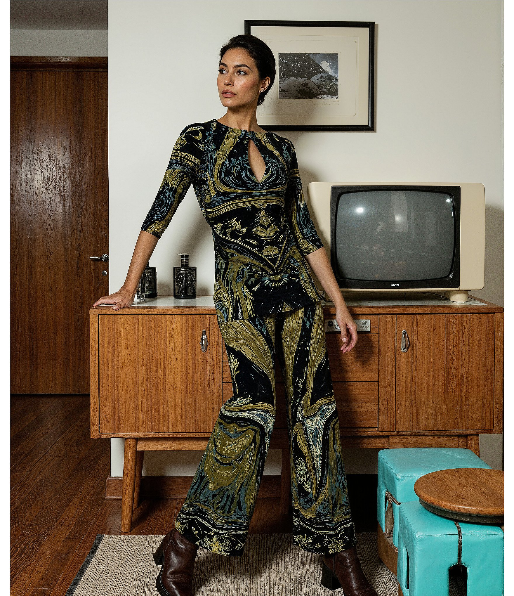 Eva Varro Abstract Print Coordinating Elastic Waist Wide Leg Pants