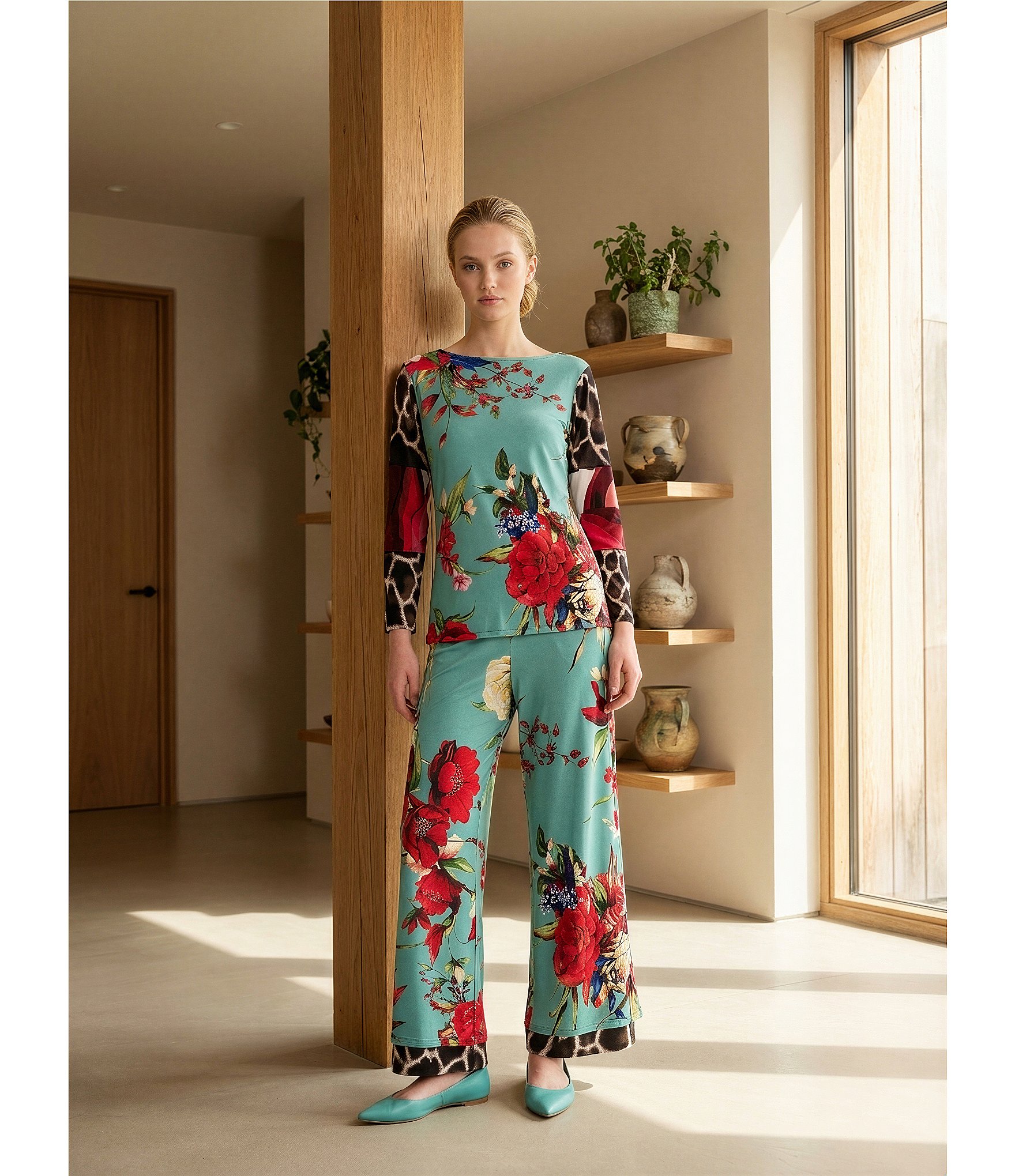 Eva Varro Amanda Combo Print Layered Side Slit Palazzo Coordinating Pants