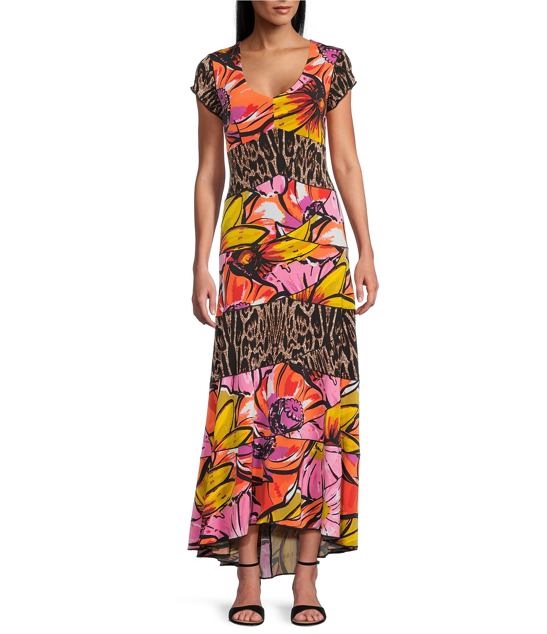Eva Varro Animal Tulip Floral Mix Print Scoop Neck Cap Sleeve Six Tier Maxi Dress