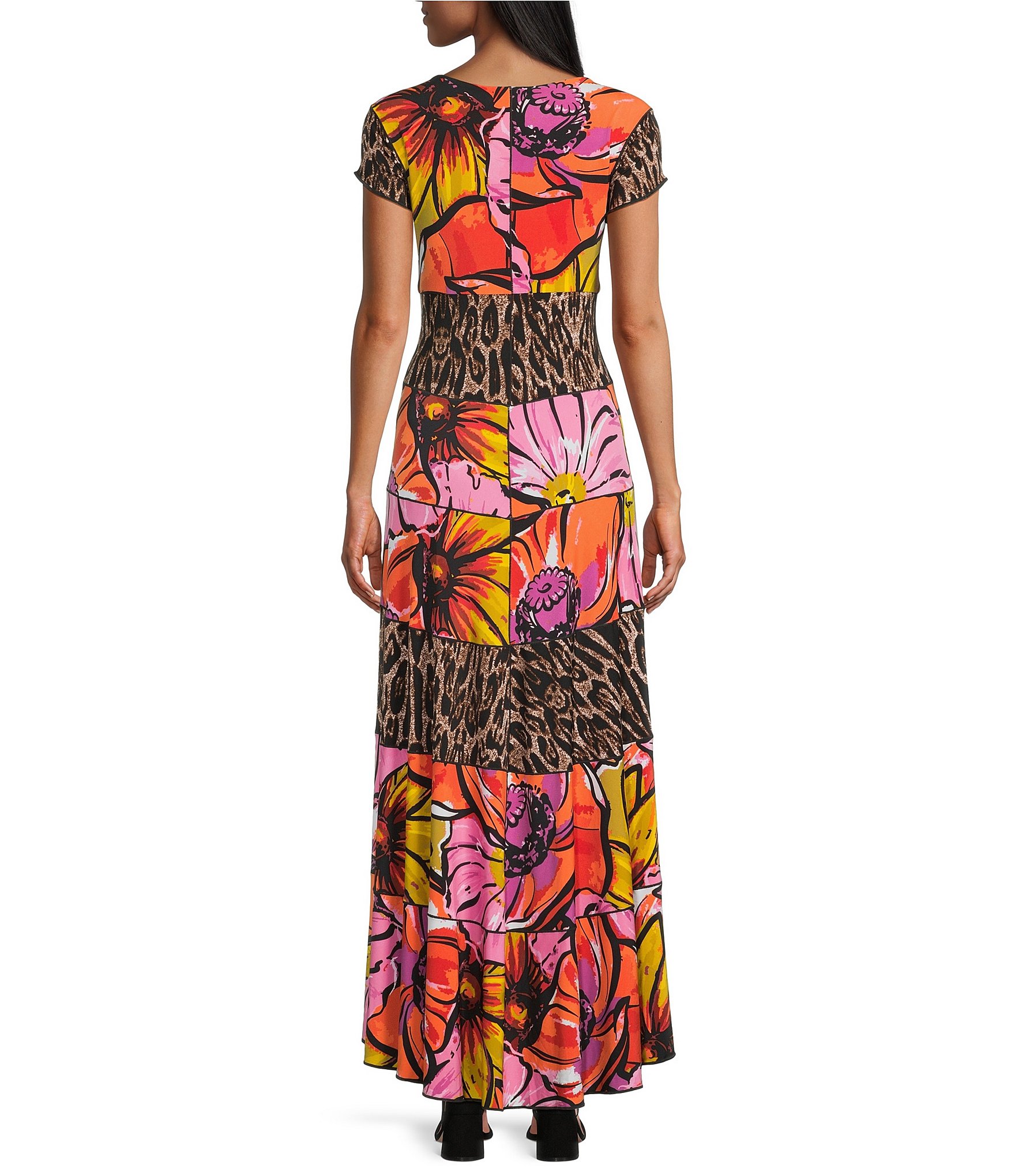 Eva Varro Animal Tulip Floral Mix Print Scoop Neck Cap Sleeve Six Tier Maxi Dress