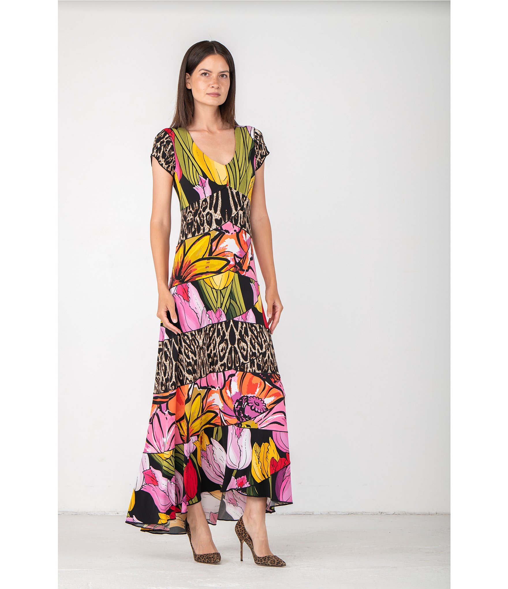 Eva Varro Animal Tulip Floral Mix Print Scoop Neck Cap Sleeve Six Tier Maxi Dress