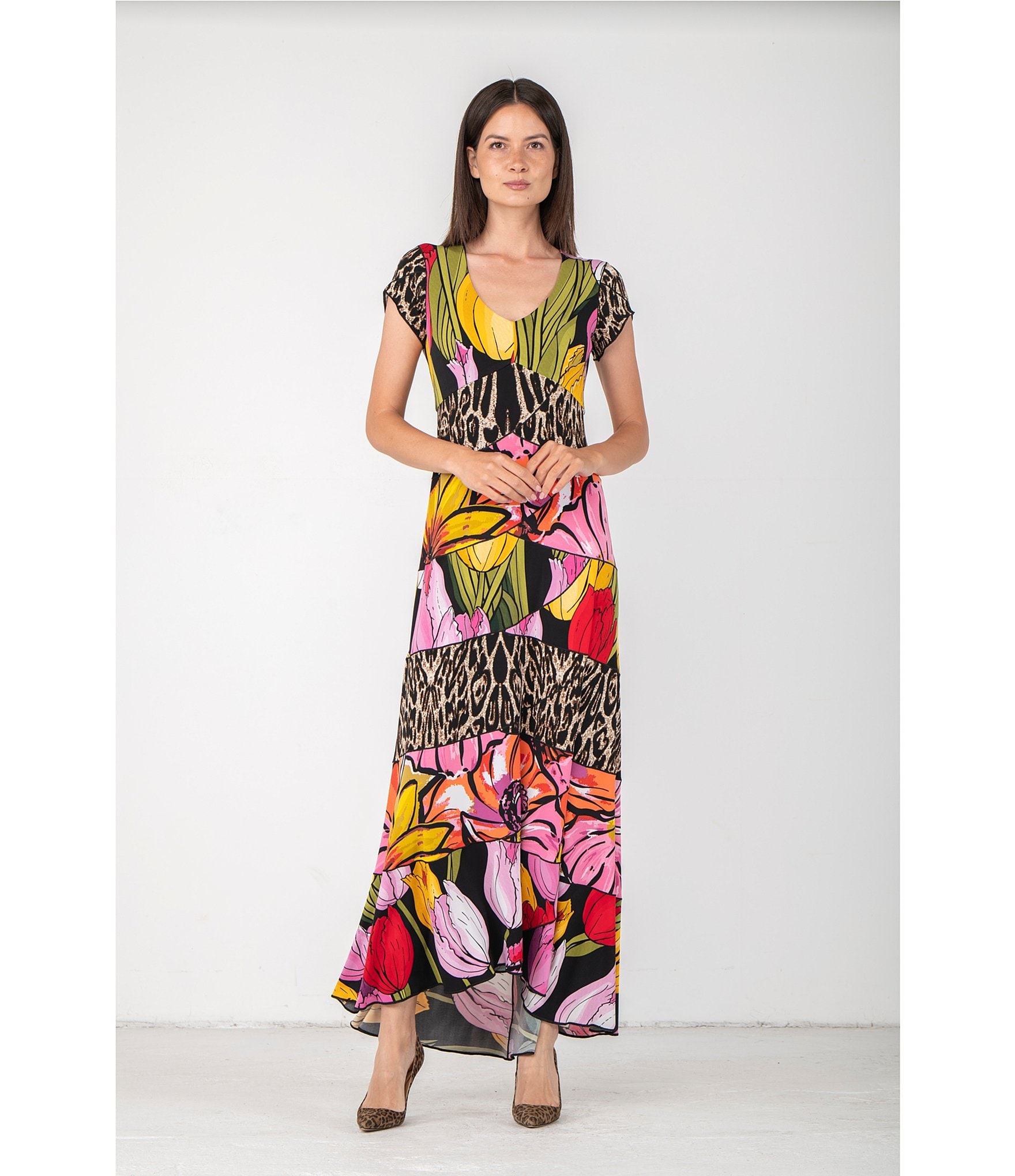 Eva Varro Animal Tulip Floral Mix Print Scoop Neck Cap Sleeve Six Tier Maxi Dress
