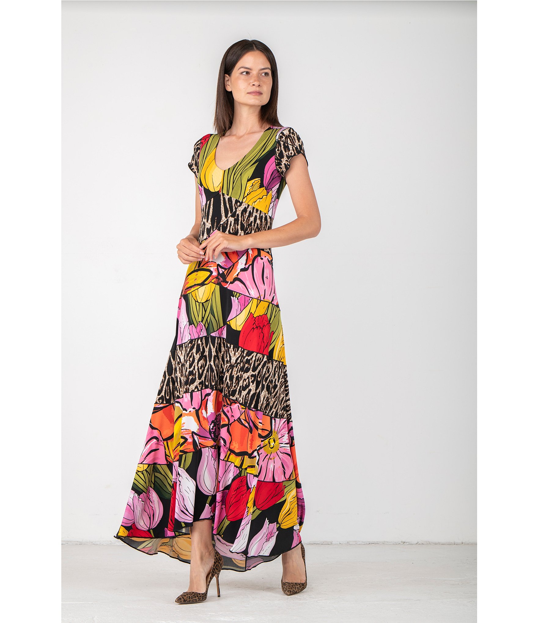Eva Varro Animal Tulip Floral Mix Print Scoop Neck Cap Sleeve Six Tier Maxi Dress