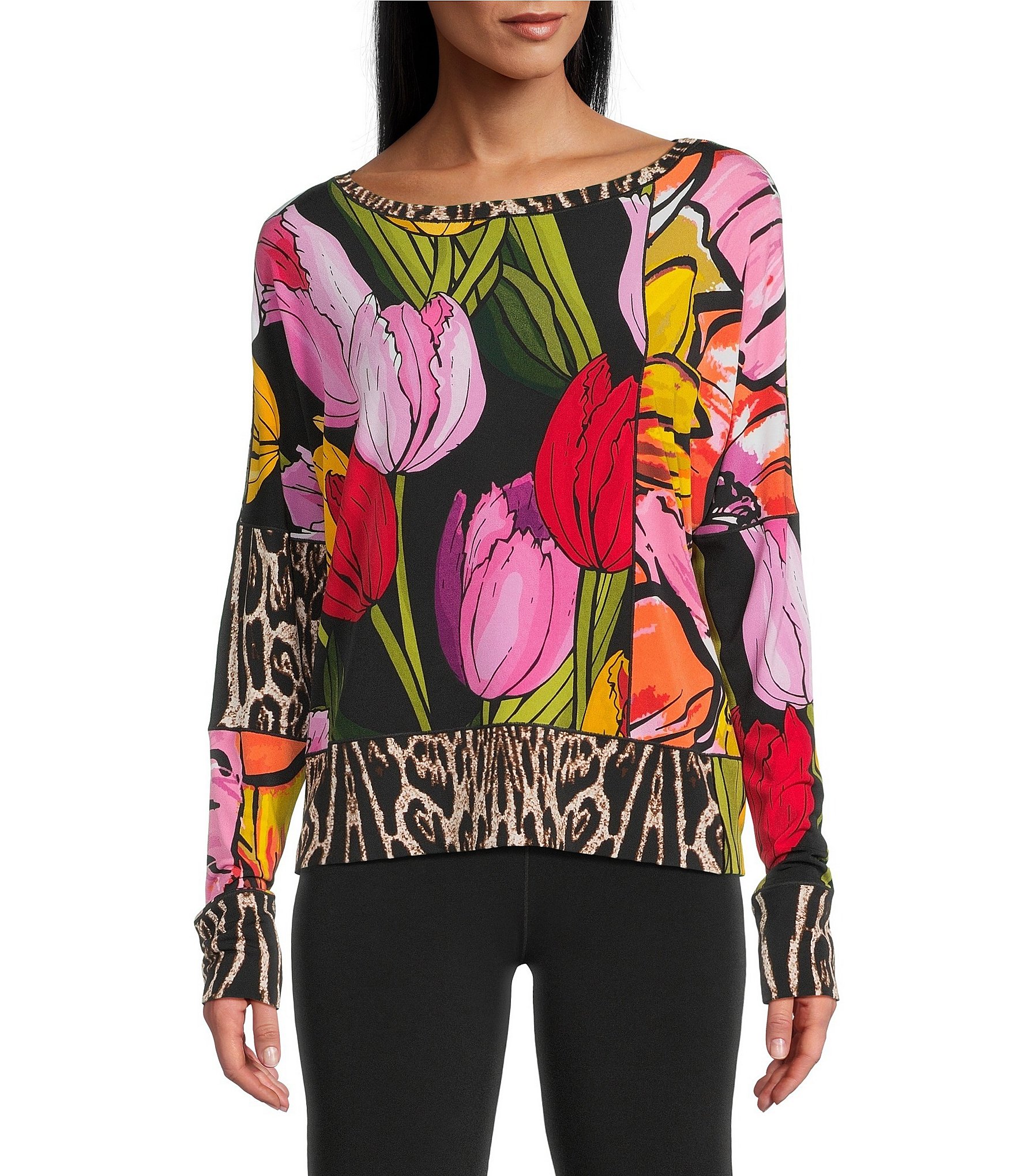 Eva Varro Animal Tulip Floral Print Boat Neck Long Sleeve Top