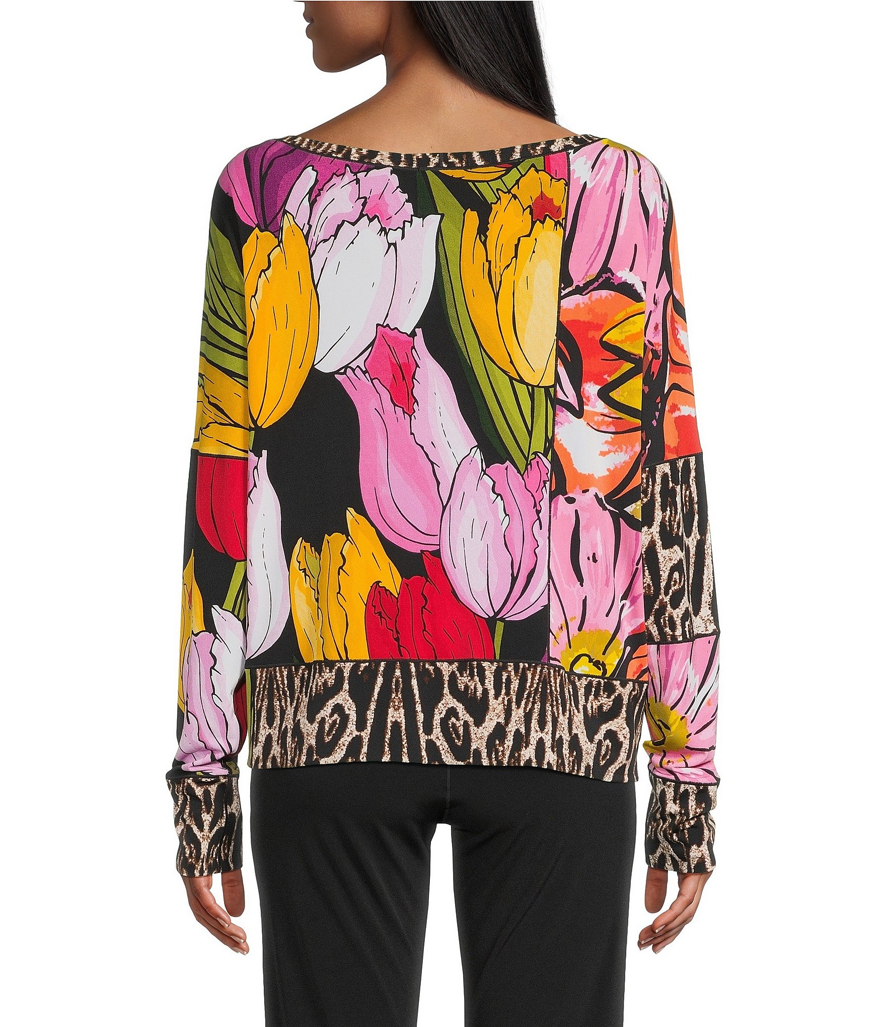 Eva Varro Animal Tulip Floral Print Boat Neck Long Sleeve Top
