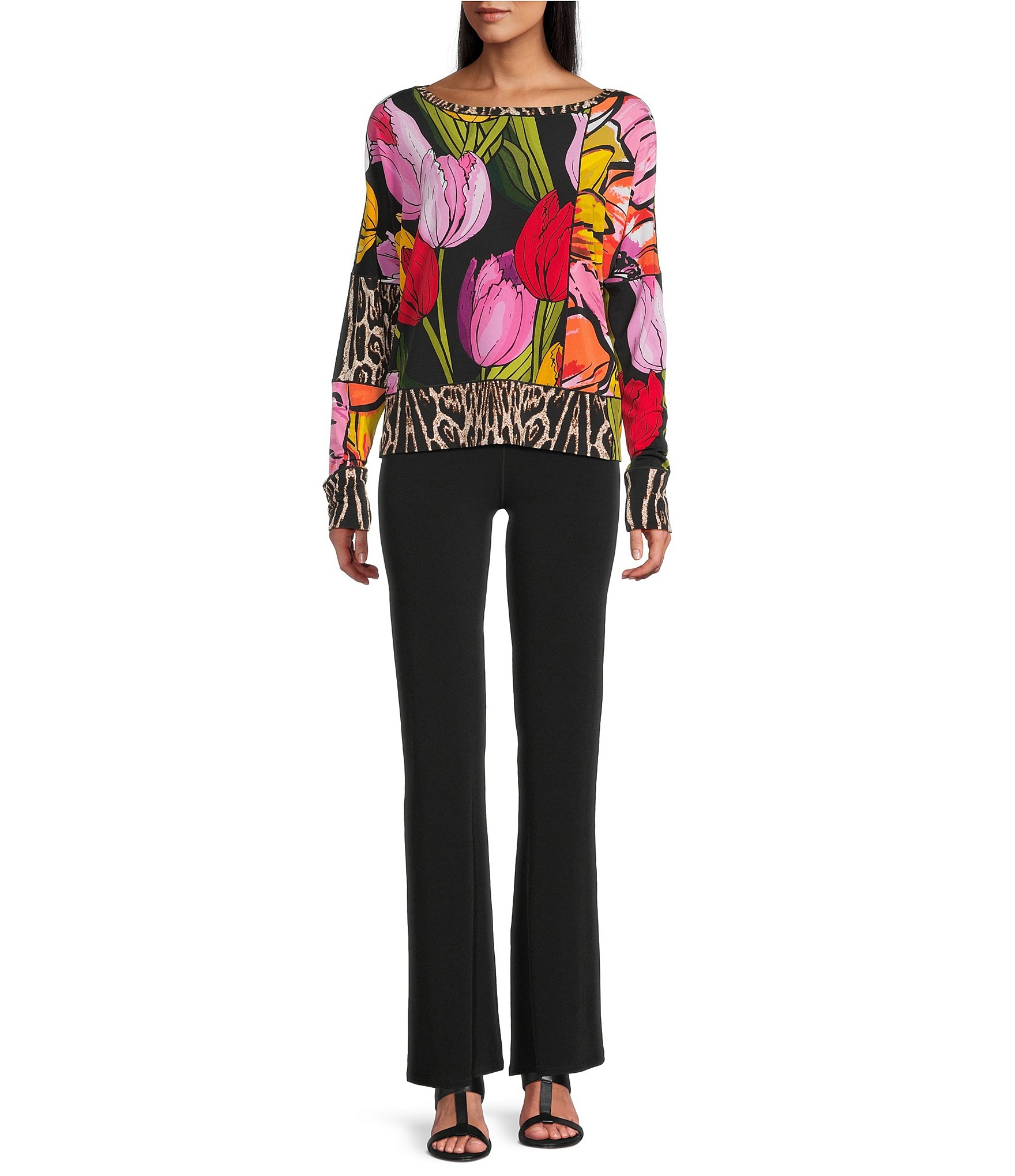 Eva Varro Animal Tulip Floral Print Boat Neck Long Sleeve Top