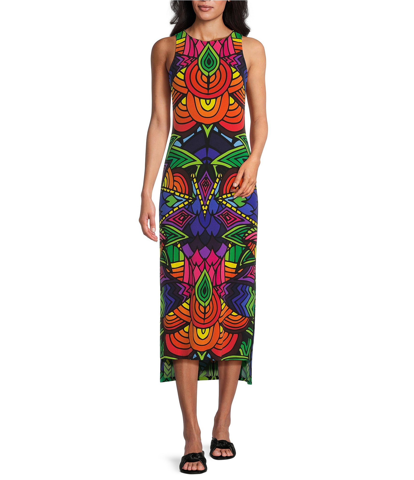 Eva Varro Barbara Jersey Knit Abstract Print Round Neck Sleeveless A-Line Midi Dress