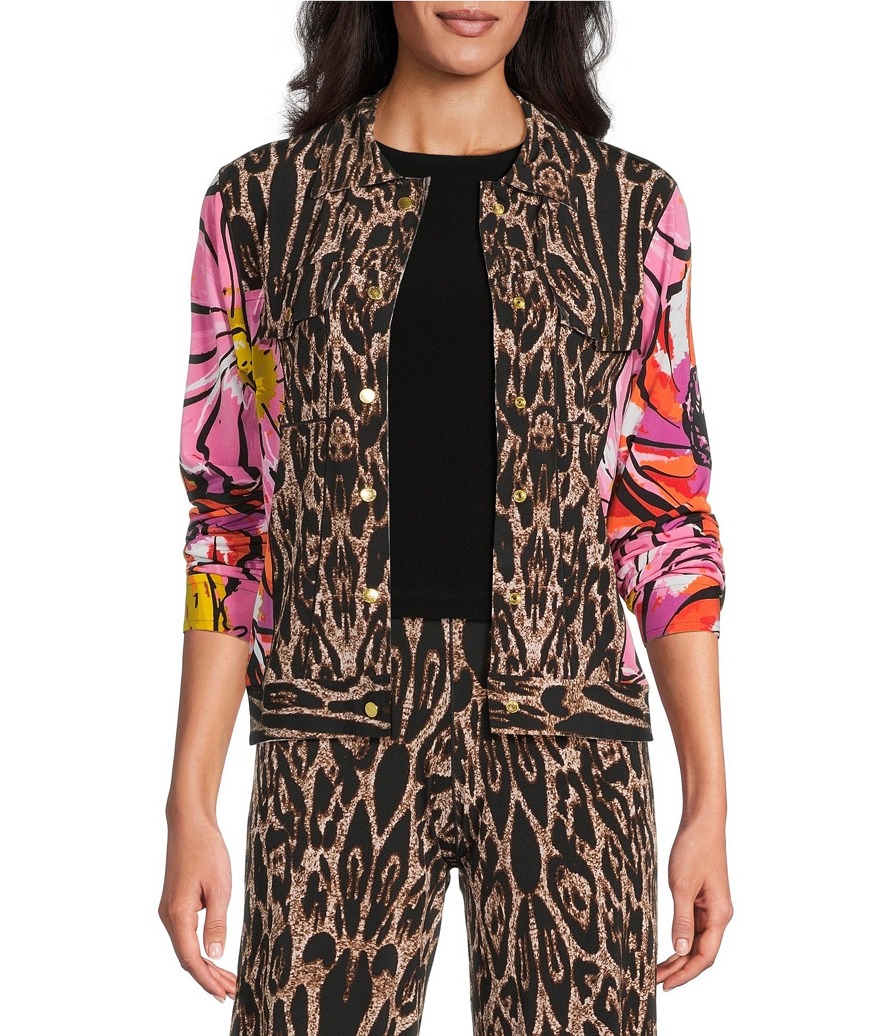 Eva Varro Coordinating Abstract Animal Floral Print Notch Collar Long Sleeve Short Jean Jacket
