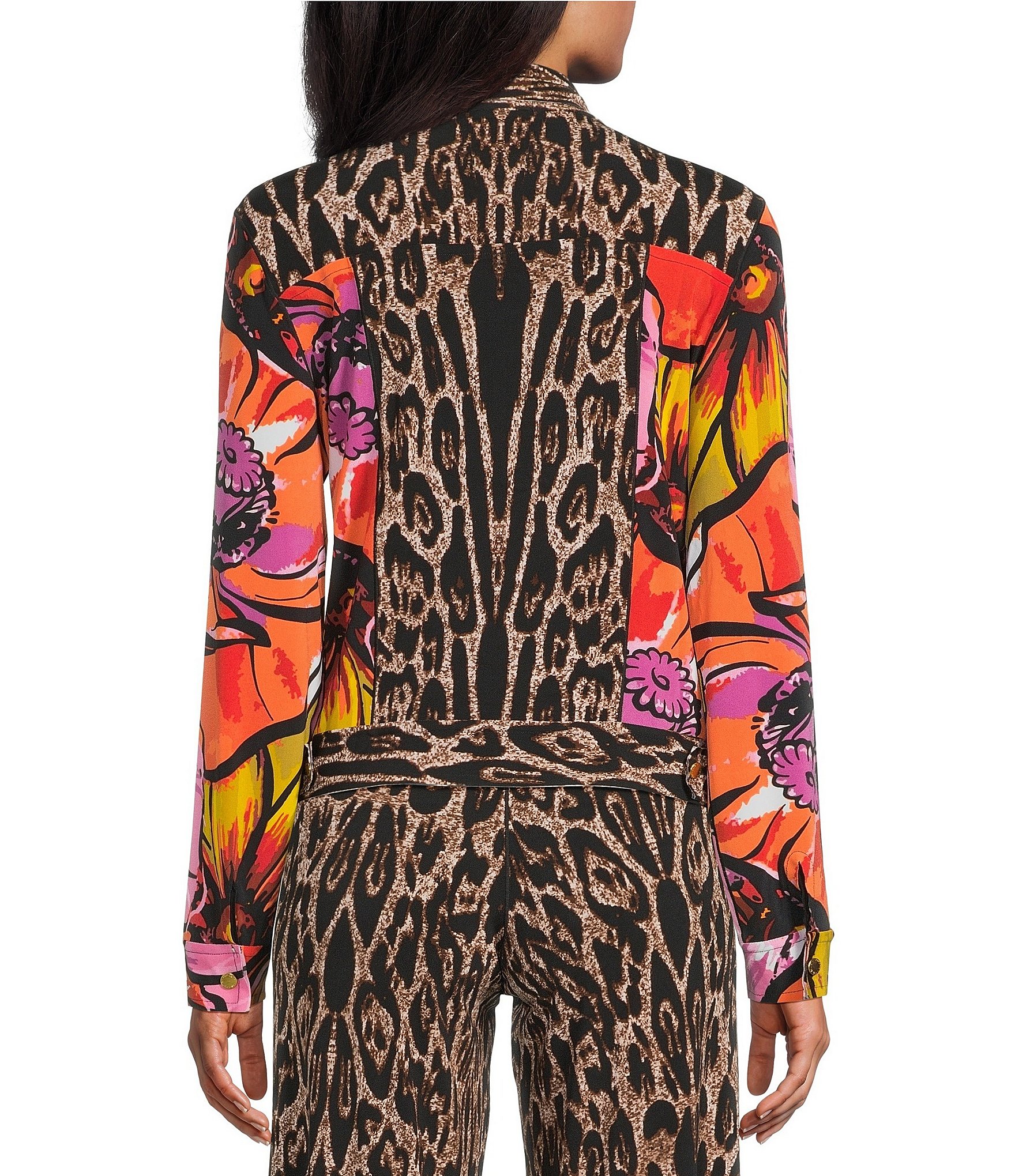 Eva Varro Coordinating Abstract Animal Floral Print Notch Collar Long Sleeve Short Jean Jacket