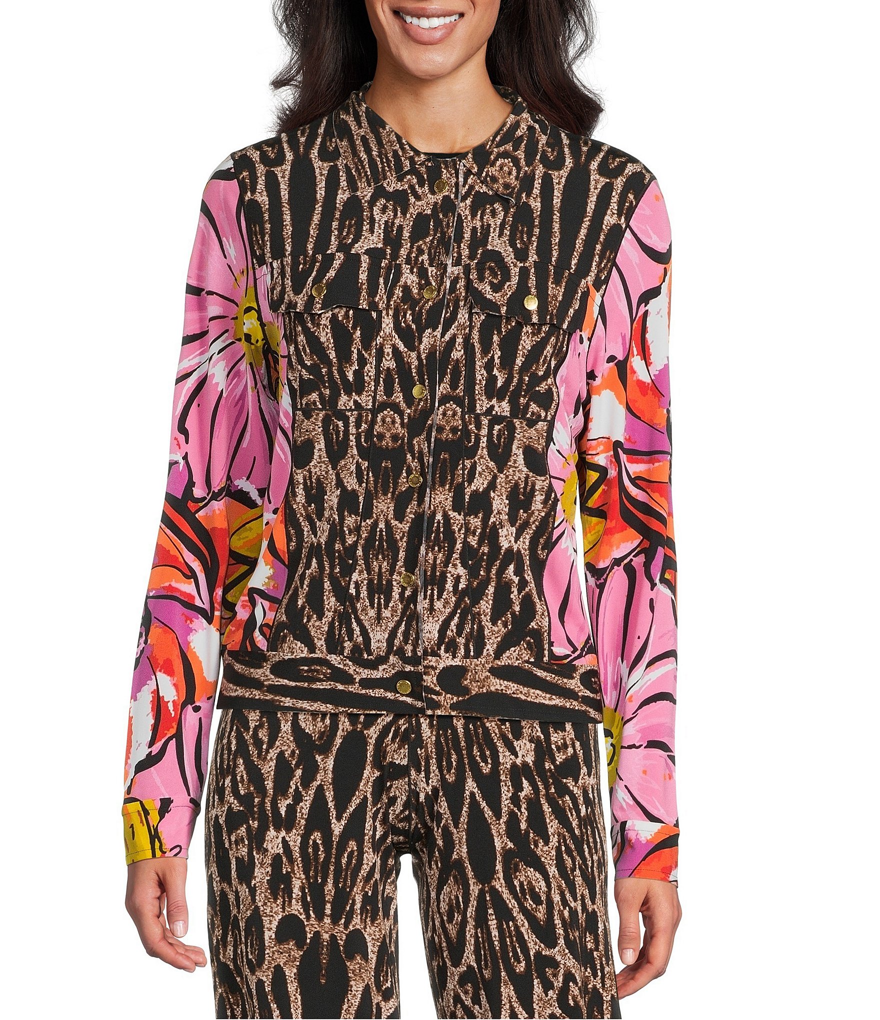 Eva Varro Coordinating Abstract Animal Floral Print Notch Collar Long Sleeve Short Jean Jacket