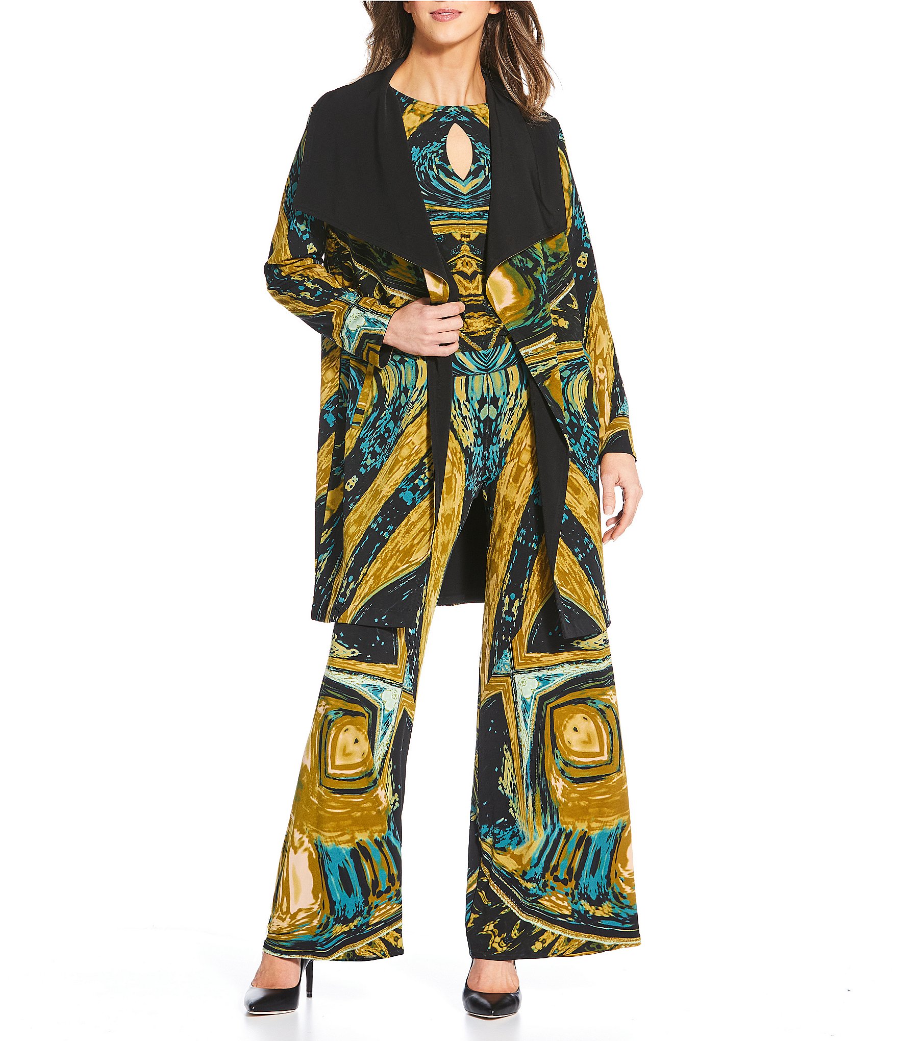 Eva Varro Coordinating Abstract Print Wing Collar Long Sleeve Wrap Coat