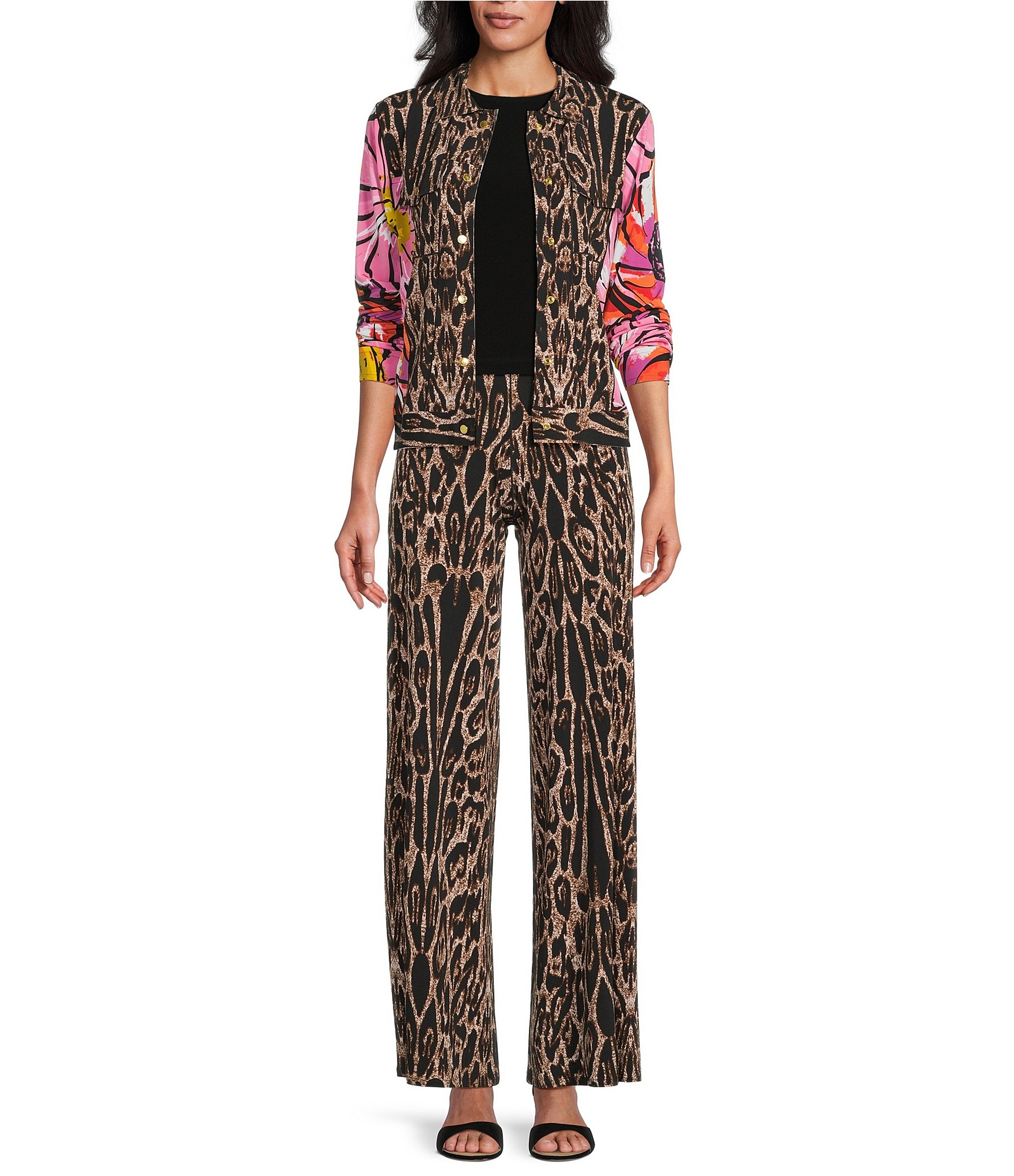 Eva Varro Coordinating Animal Print Flat Front Elastic Waist Wide Leg Pants