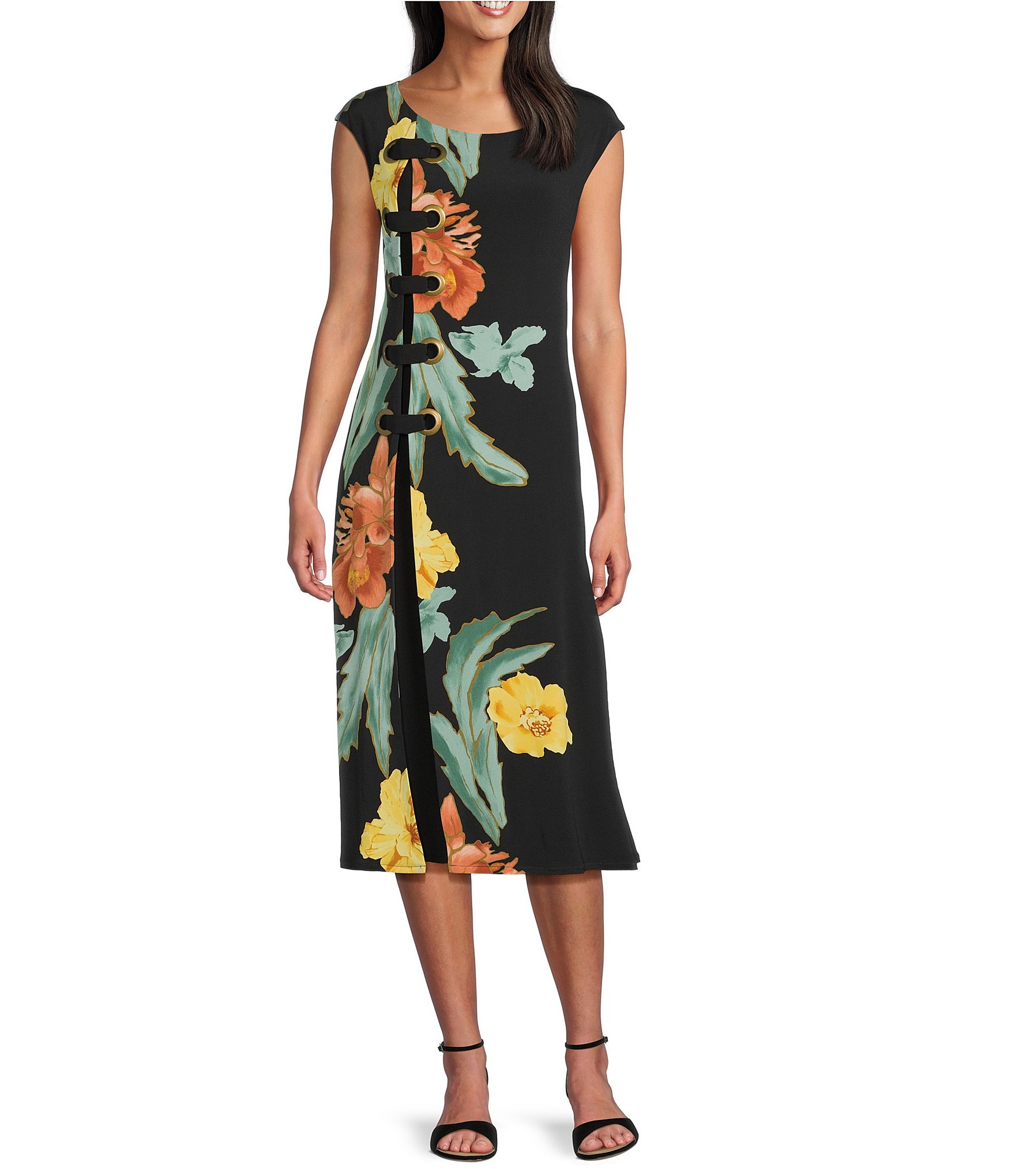 Eva Varro Double Layer Floral Motif Boat Neck Cap Sleeve Grommet A-Line Dress