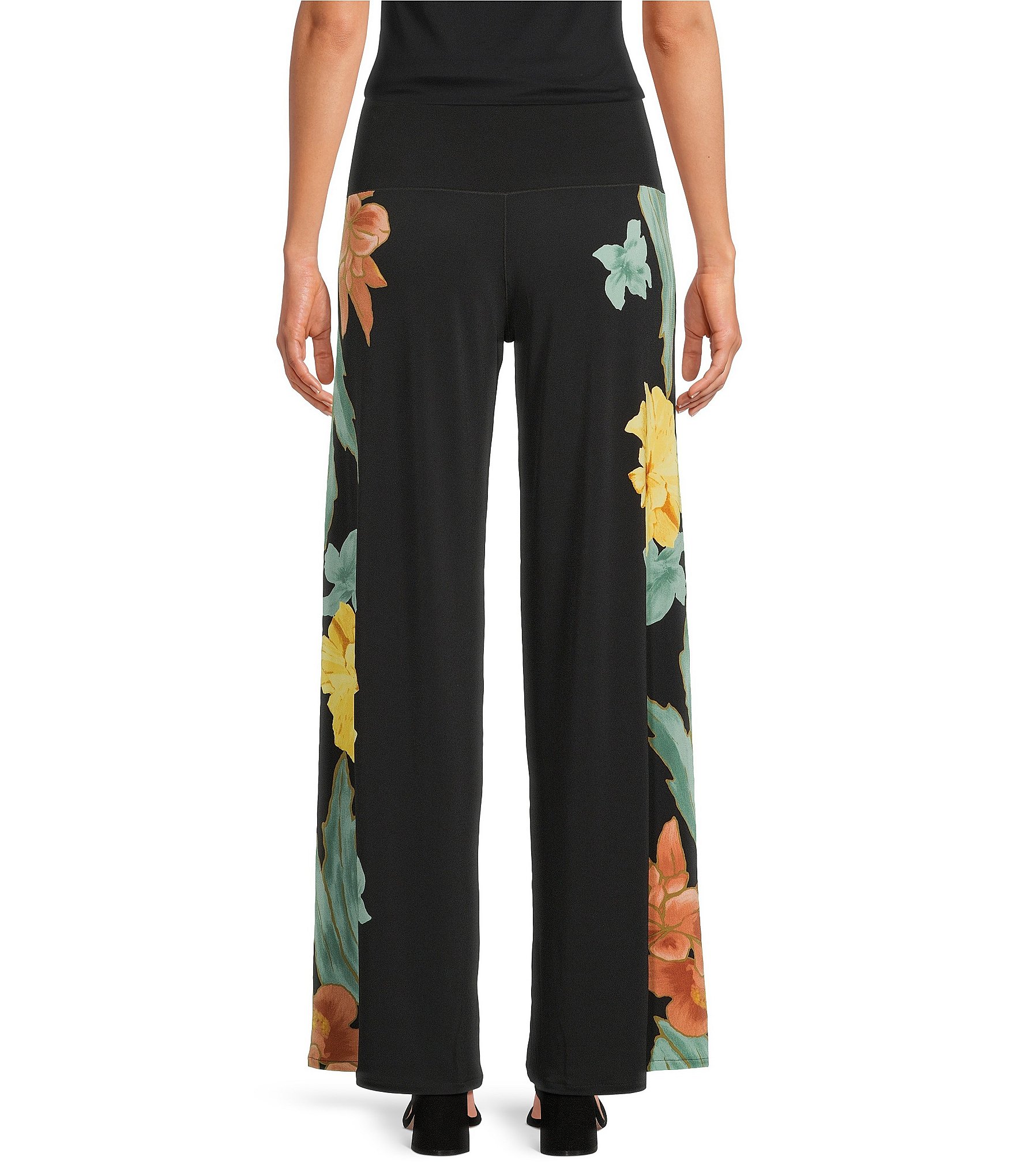 Eva Varro Coordinating Floral Motif Flat Front Wide Leg Pull-On Pants