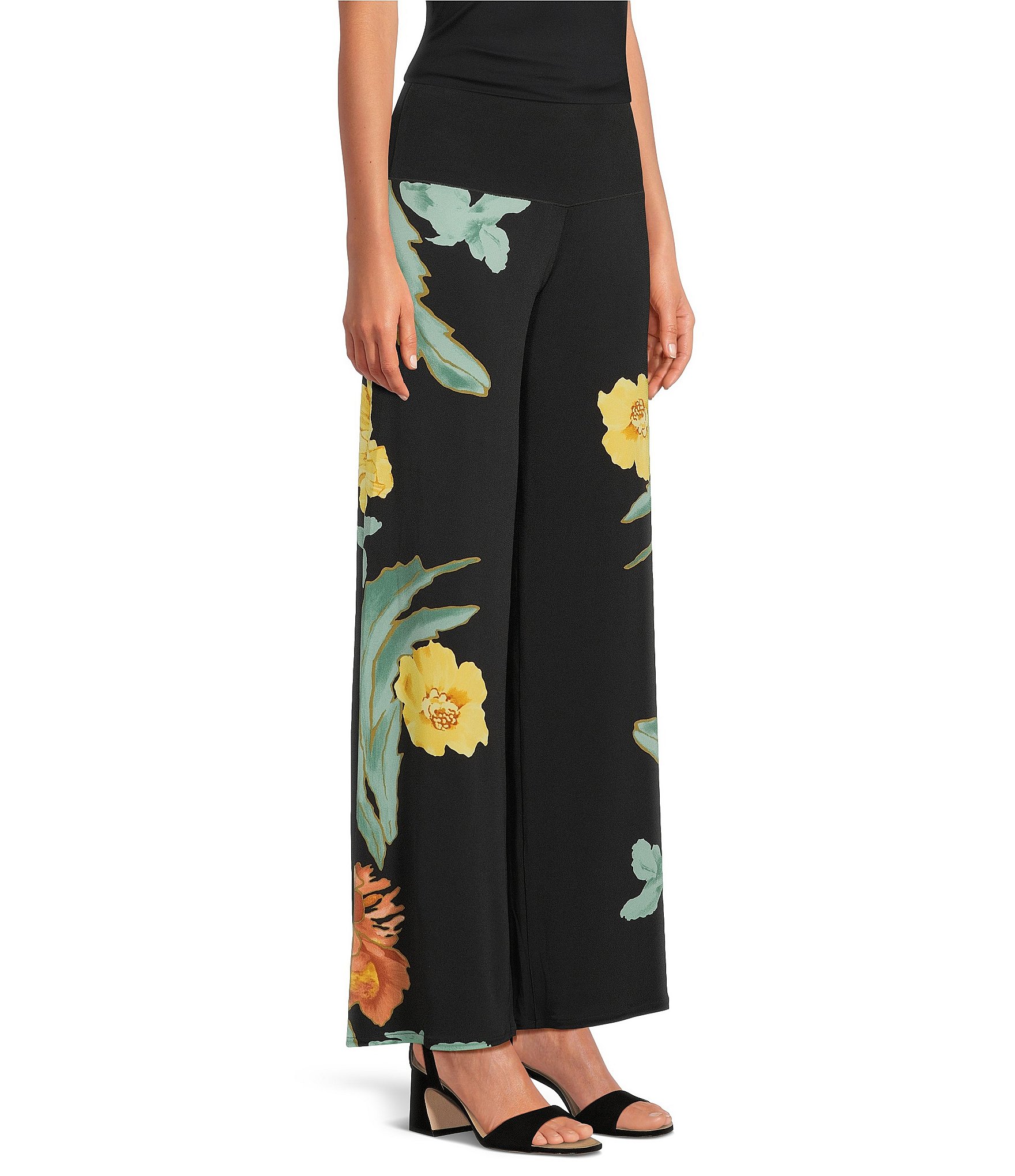 Eva Varro Coordinating Floral Motif Flat Front Wide Leg Pull-On Pants