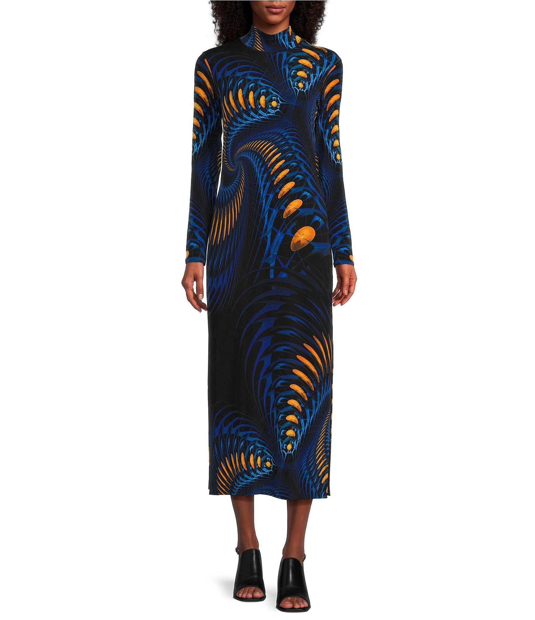 Eva Varro Geo Spiral Wave Print Knit Jersey Mock Neck Long Sleeve Midi ...