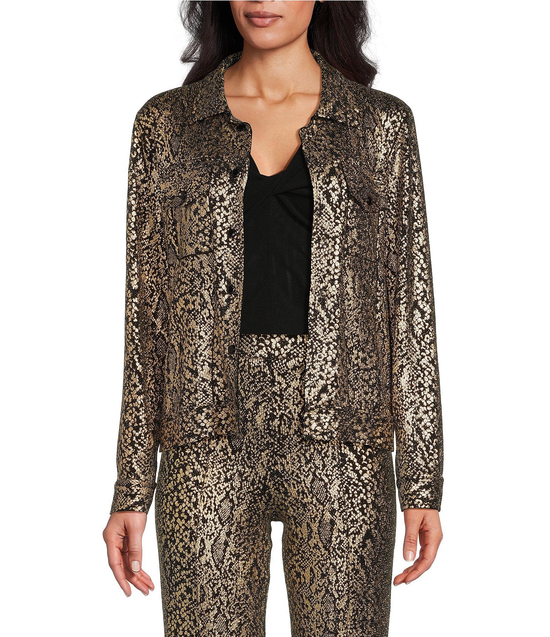 Eva Varro Gold Metallic Snake Skin Foil Notch Collar Long