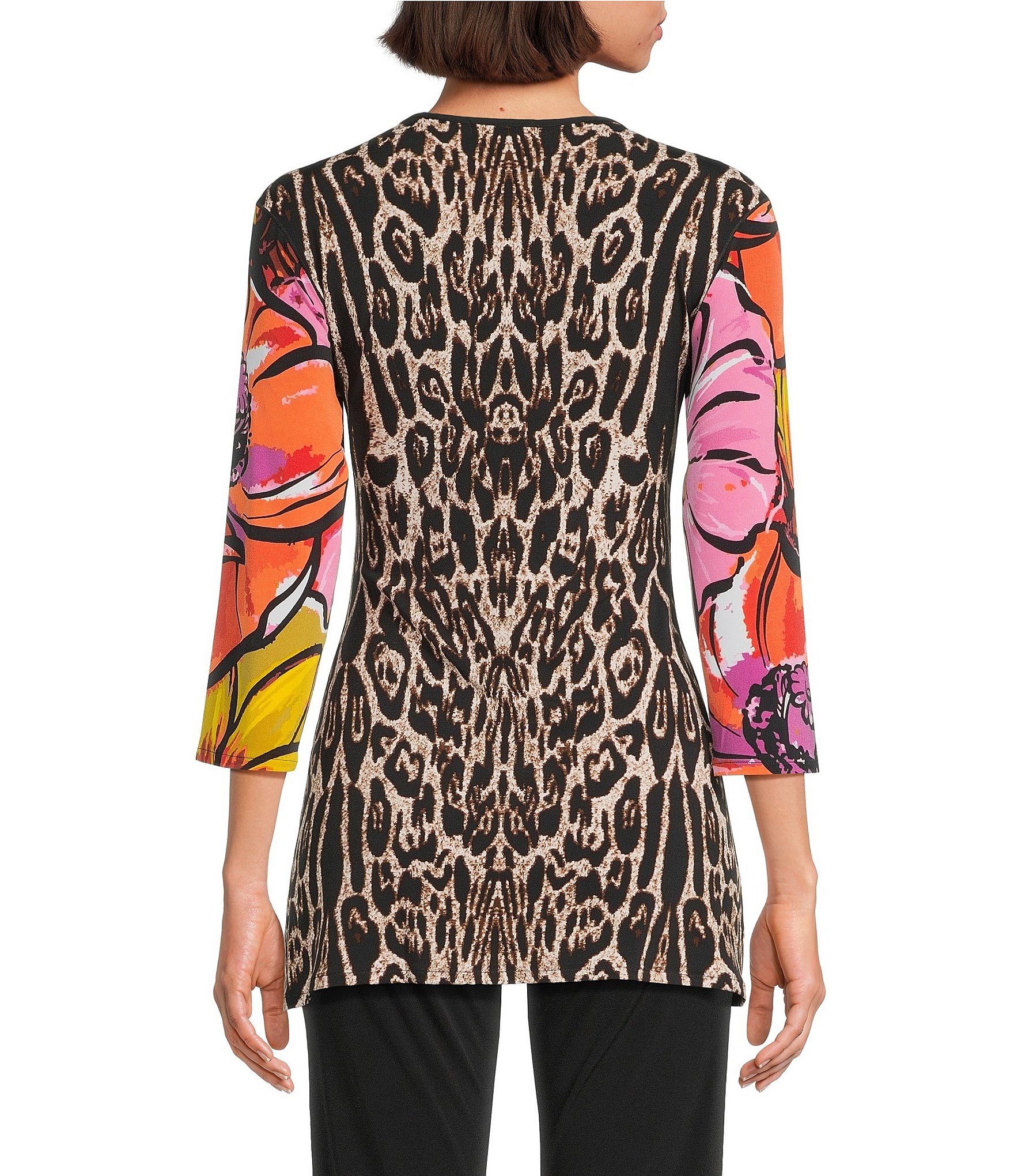 Eva Varro Knit Animal Tropical Print V-Neck 3/4 Sleeve Fold Over Tunic