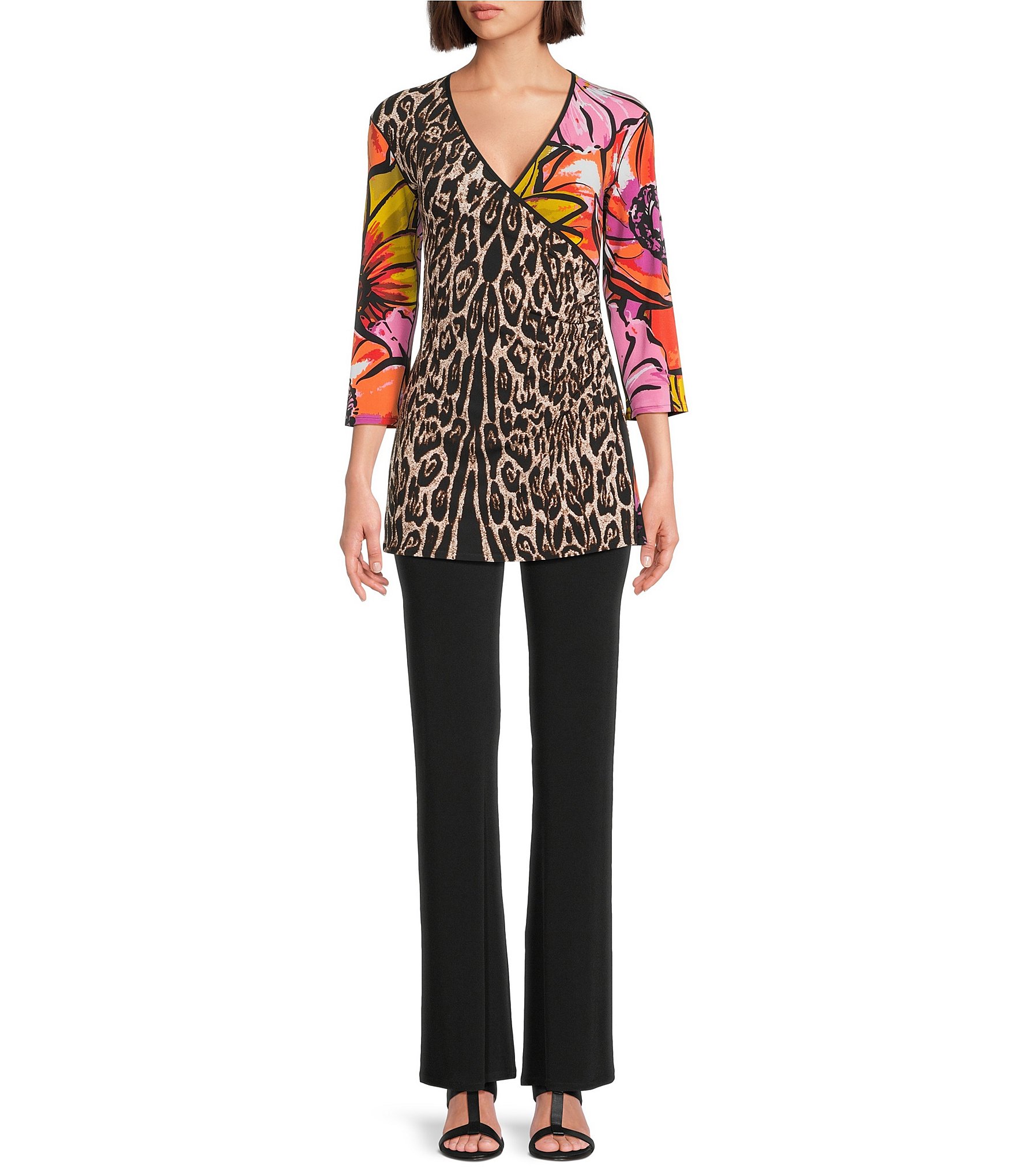 Eva Varro Knit Animal Tropical Print V-Neck 3/4 Sleeve Fold Over Tunic