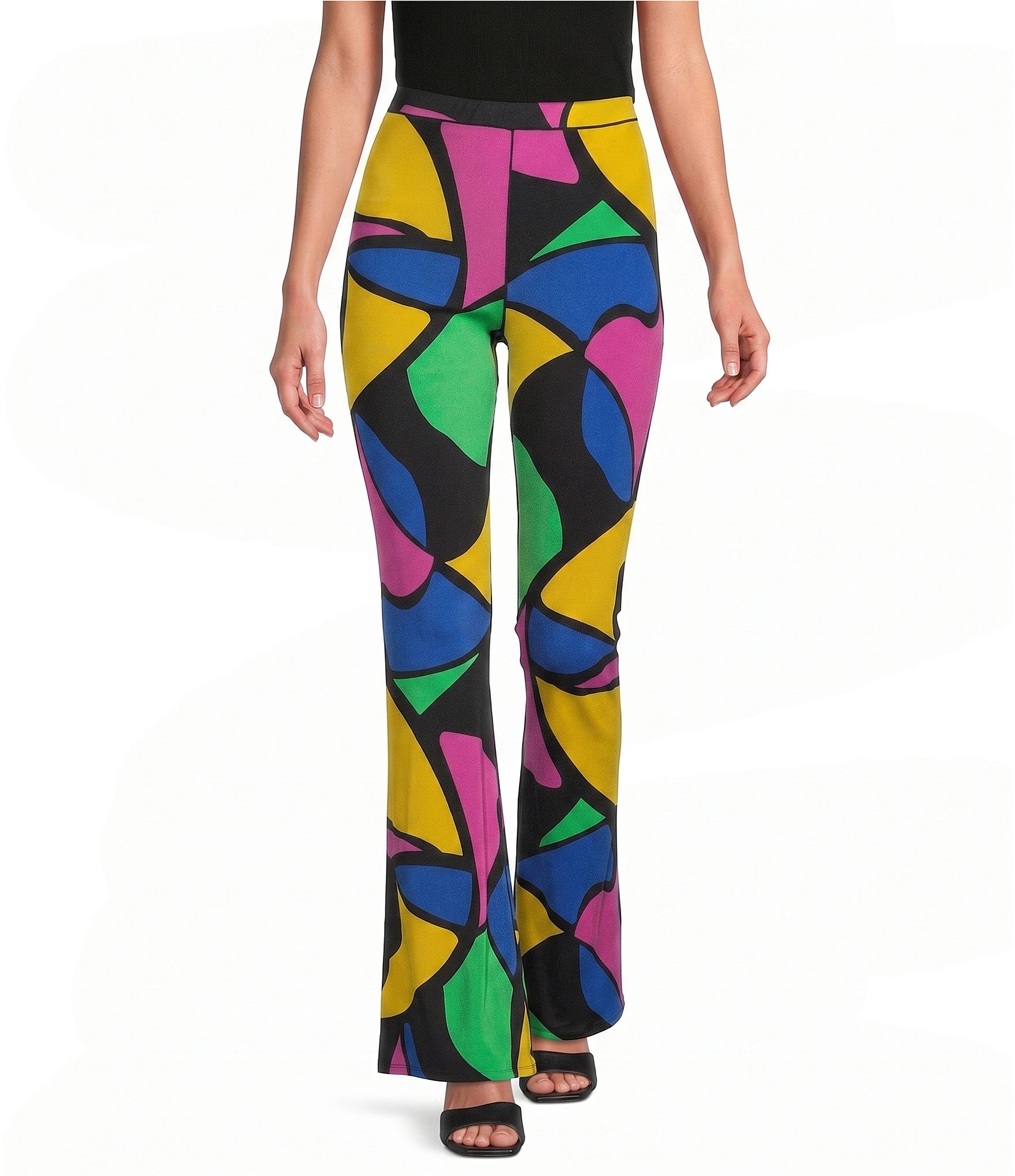 Eva Varro Knit Jersey Abstract Multi-Color Print Pull-On Bell Bottom Pants