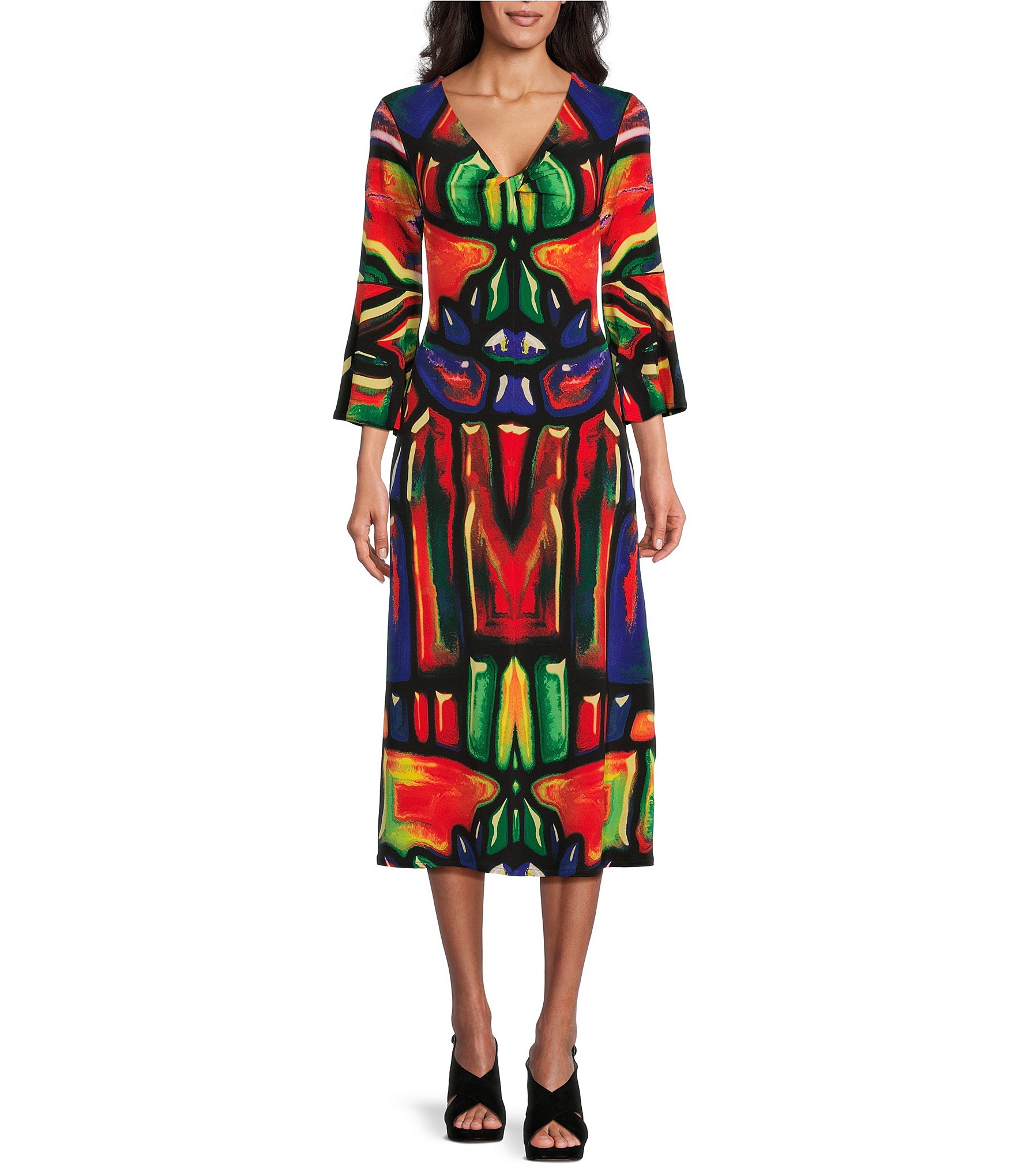 Eva Varro Knit Jersey Colorful Stained Glass V-Neck 3/4 Bell Sleeve A-Line  Midi Dress