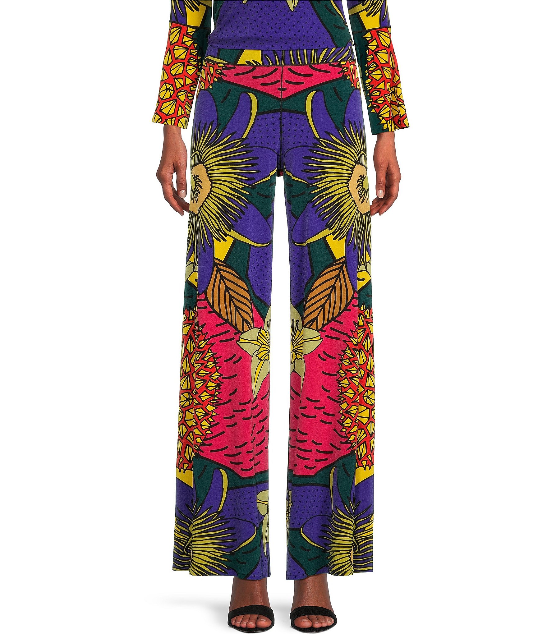 Eva Varro Knit Jersey Exotic Tropical Mirrored Print Wide Leg Pull-On ...