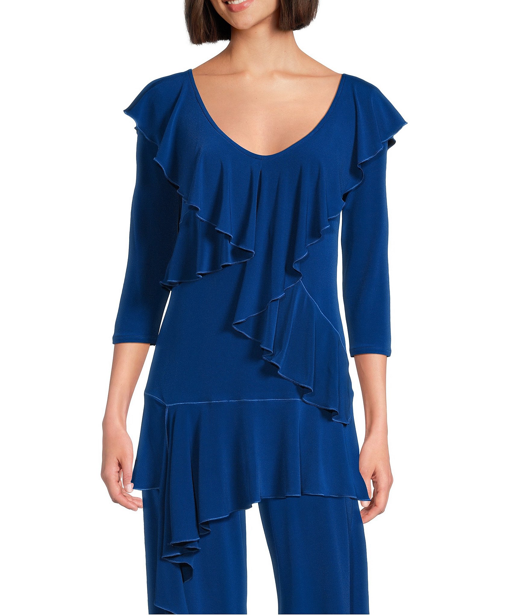 Eva Varro Knit Jersey V-Neck 3/4 Sleeve Asymmetric Ruffled Tunic