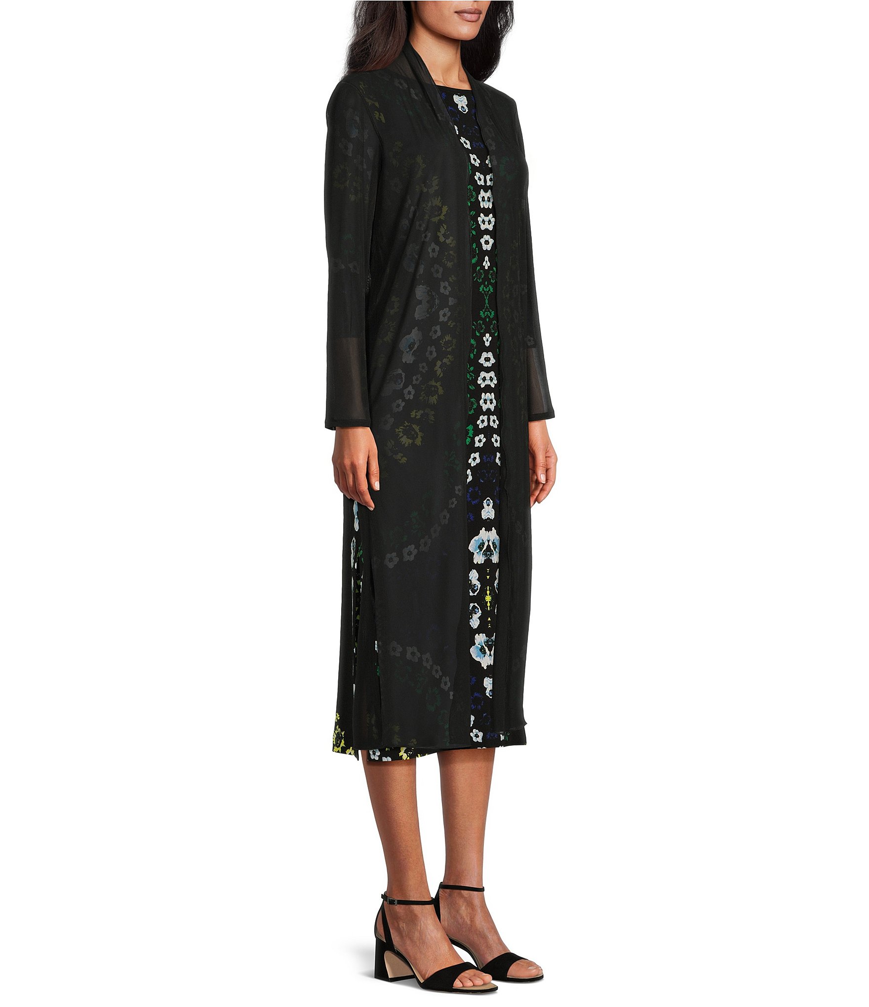 Eva Varro Mesh Knit Shawl Collar Long Sleeve Open-Front Long Cardigan