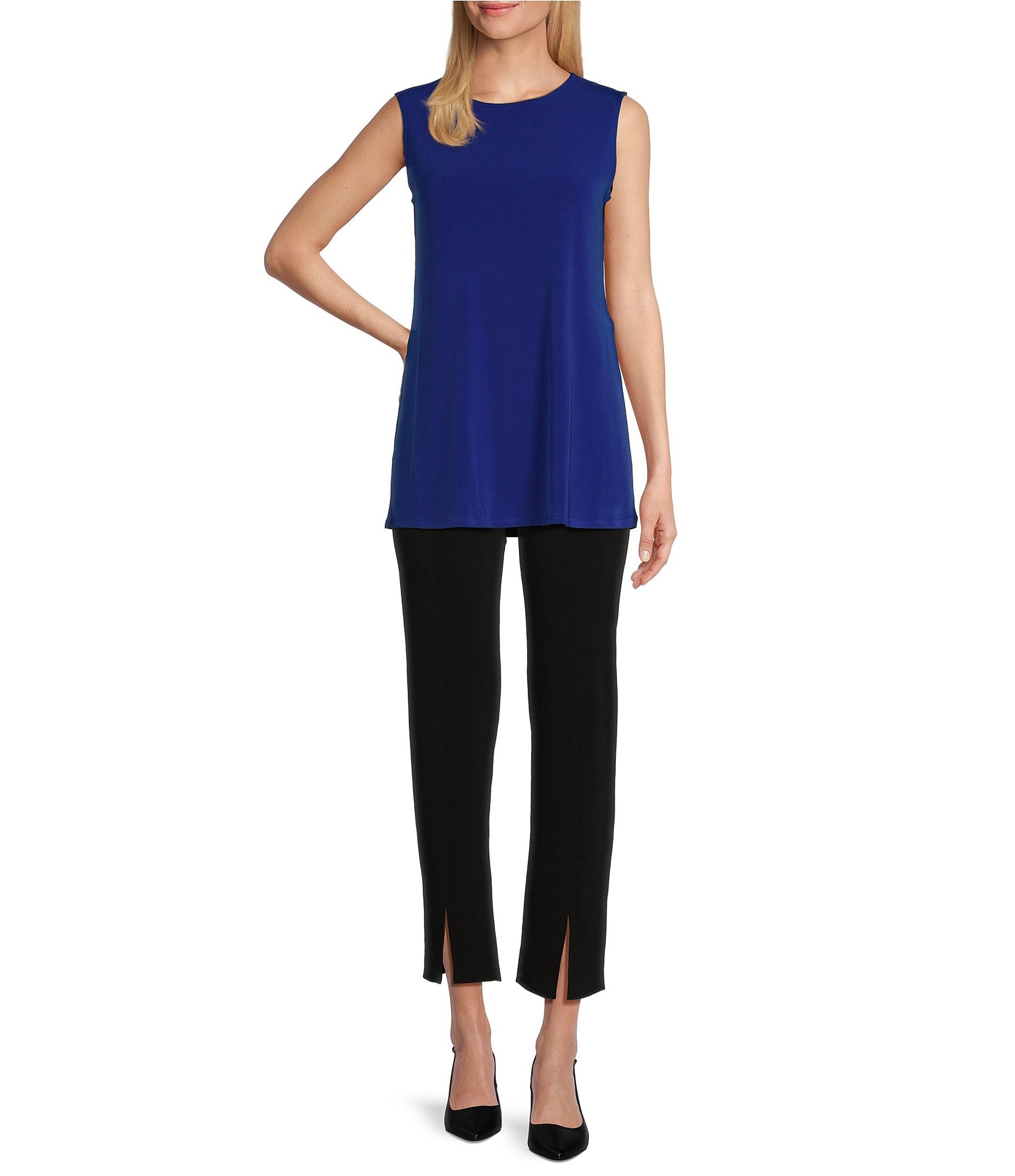 Eva Varro Solid Knit Jersey Crew Neck Sleeveless Top