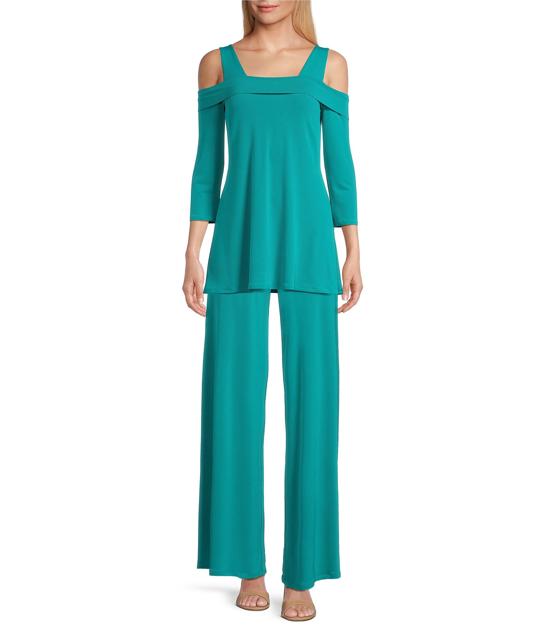 Eva Varro Solid Knit Jersey Off-the-Shoulder Wide Shoulder Strap 3/4 Sleeve Tunic