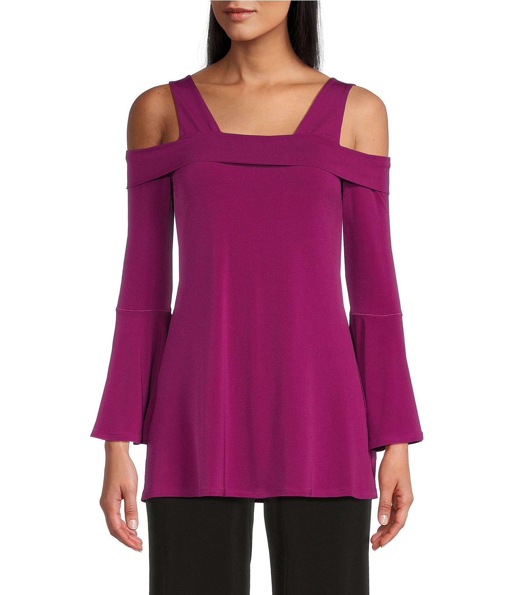 Eva Varro Solid Knit Jersey Long Bell Sleeve Cold Shoulder Tunic ...