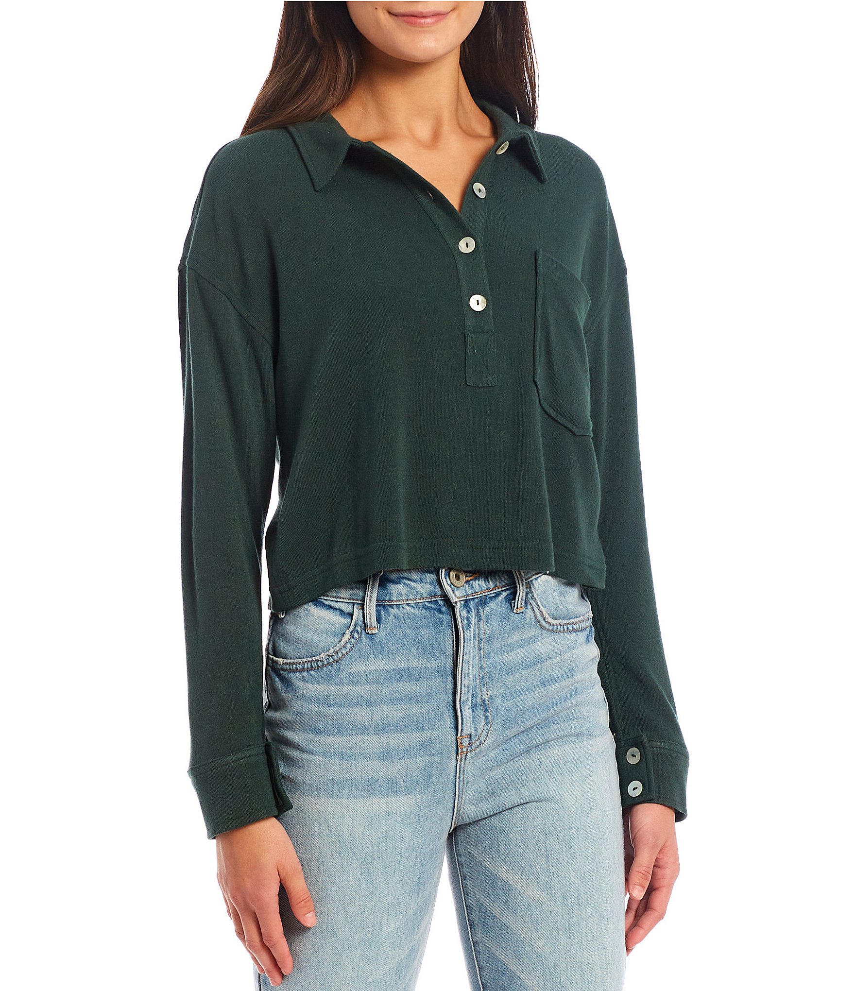 Every Button Down Collar Long Dolman Sleeve Cropped Shirt | Dillard's