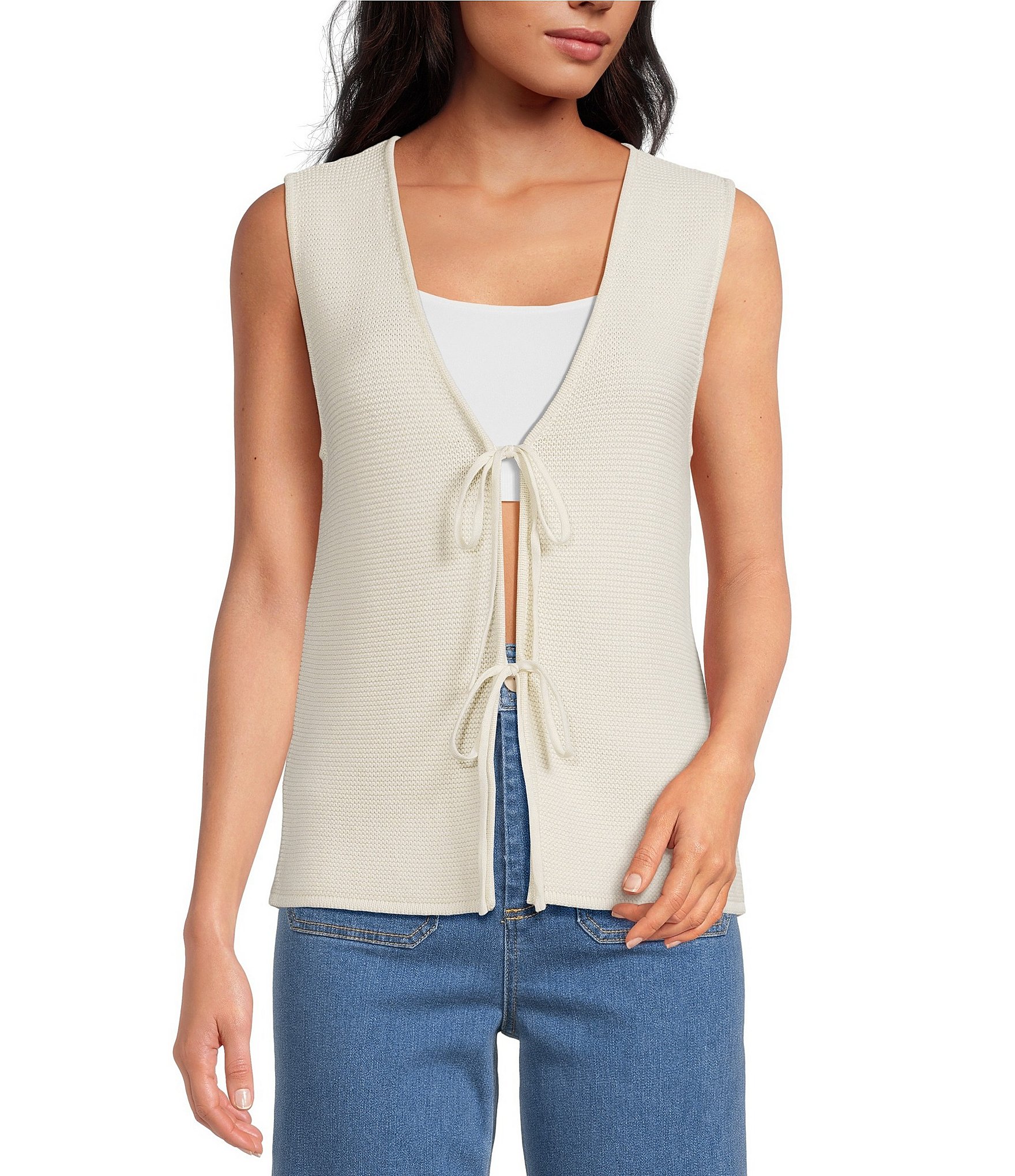 Every Knit V-Neck Sleeveless Tie Front Blouse