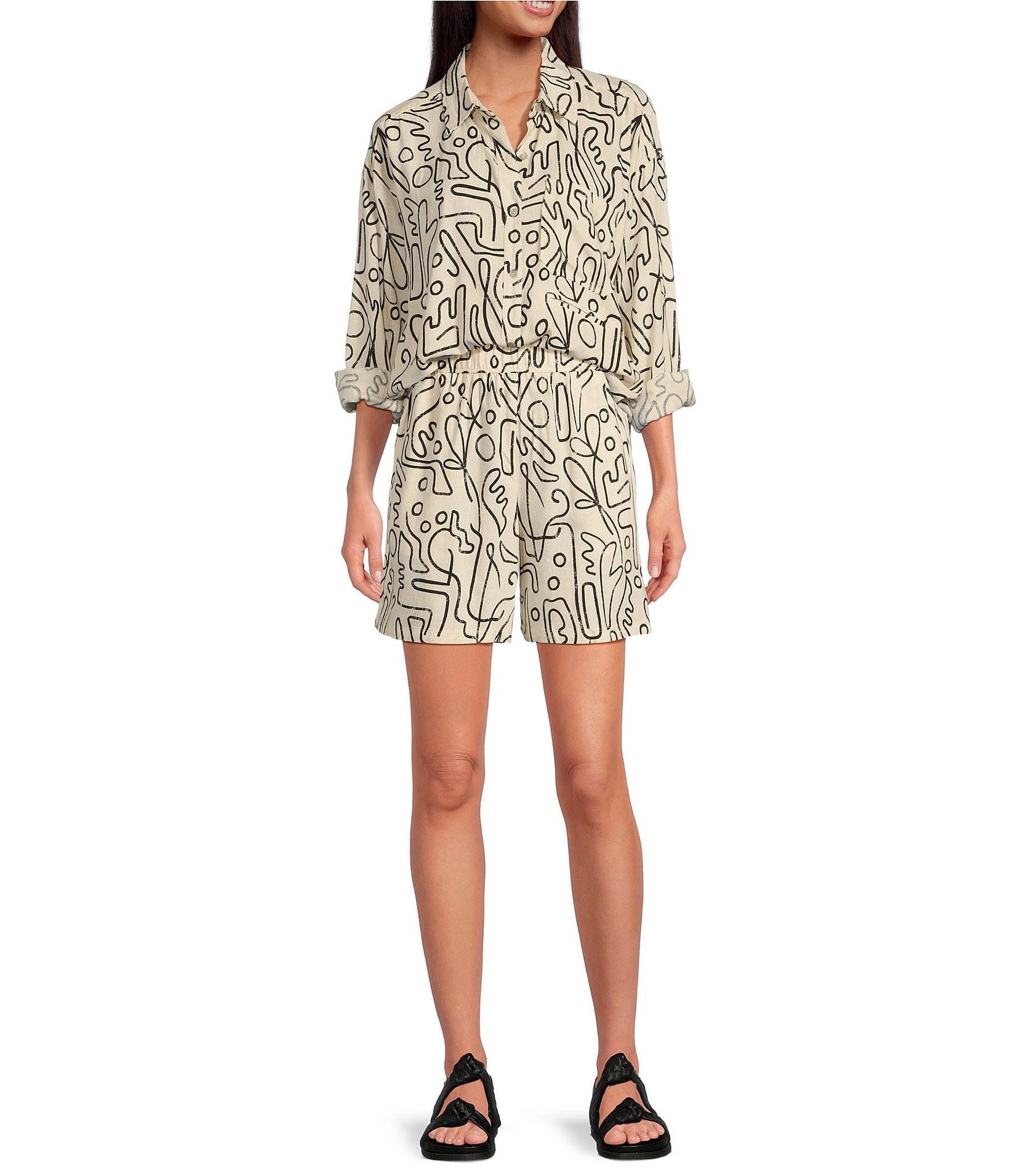 Every Linen Abstract Print Linen Blend V-Neck Long Sleeve Button Front Coordinating Blouse