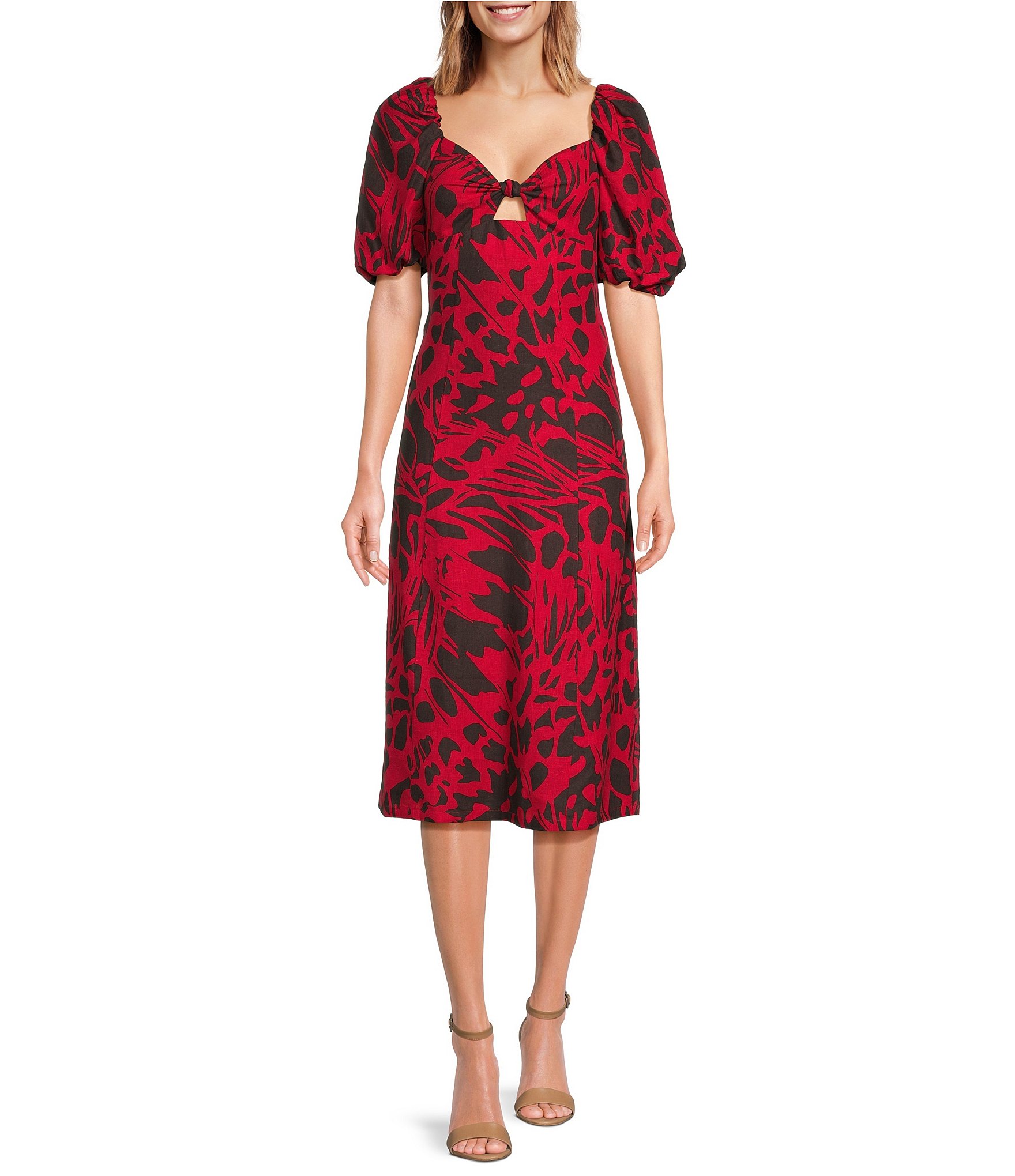 Every Floral Print Short Puff Sleeve Sweetheart Neck Knot Front Cut Out  Midi Dress | Dillard's