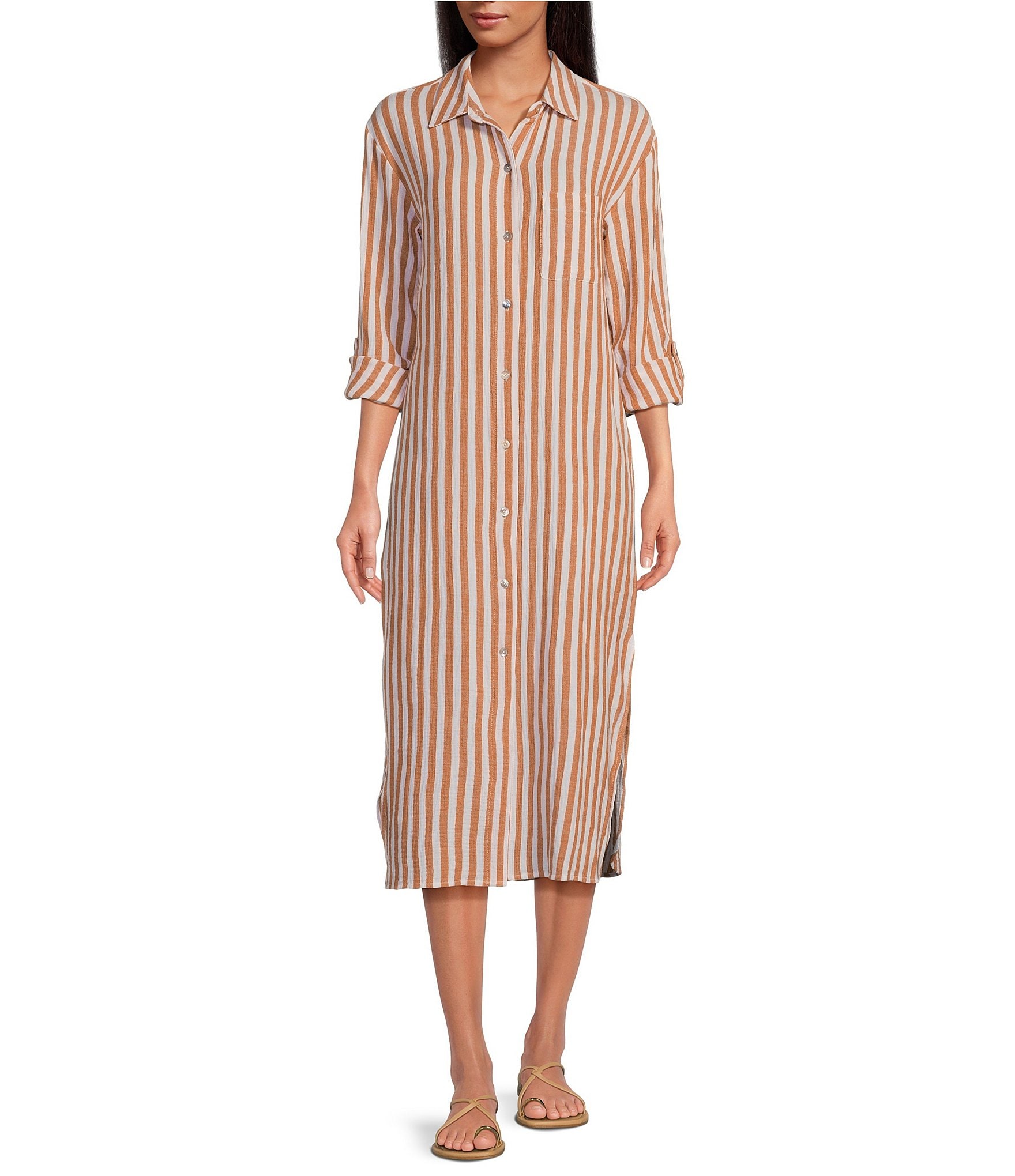 Every Striped Point Collar Long Sleeve Button Front Shirt Dress | Dillard's