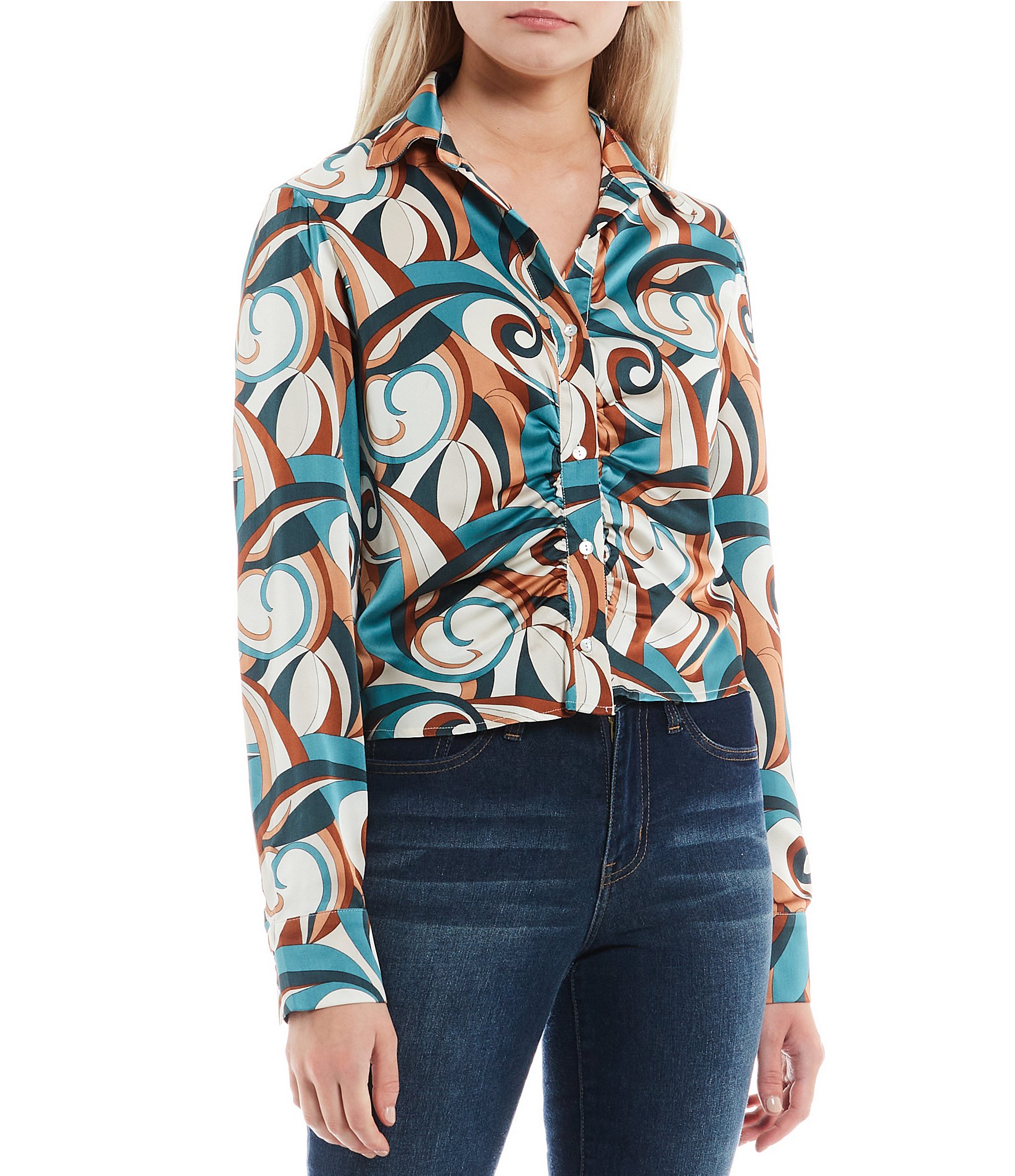 Evolutionary Button Front Long Sleeve Collared Cinched Swirl Print Top ...