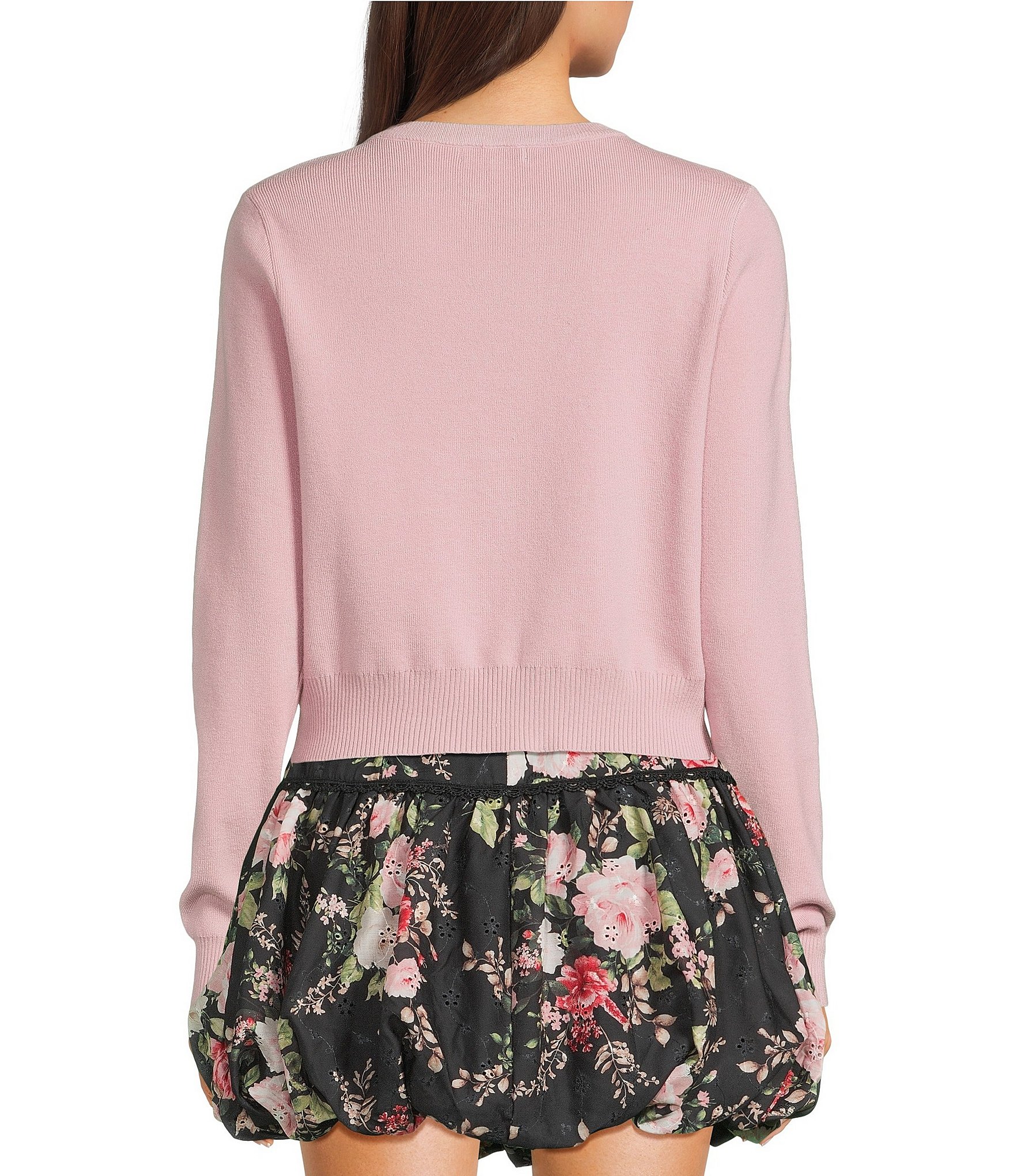 Evolutionary Crew Neck Long Sleeve Pearl Button Cardigan