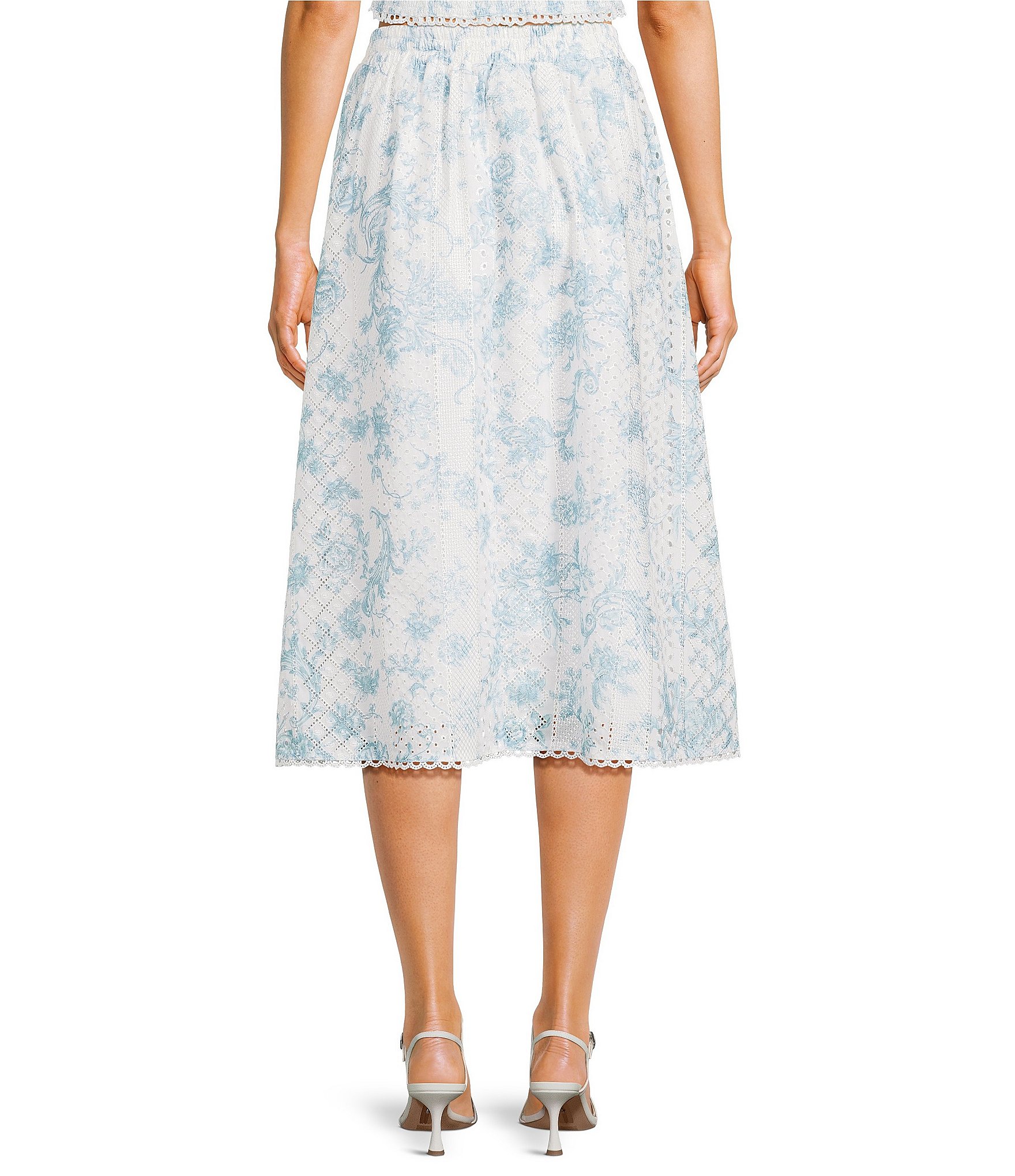 Evolutionary Embroidered Floral Eyelet Mid Rise A-Line Midi Skirt