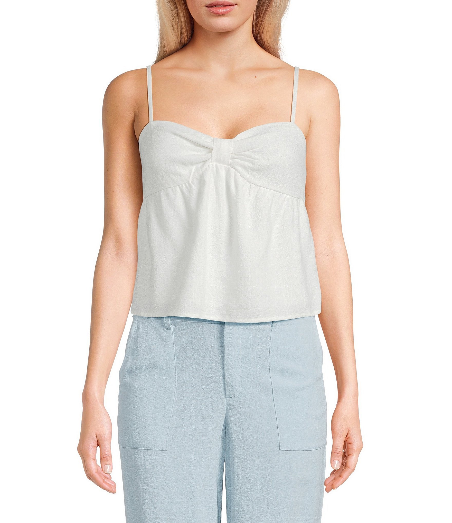 Evolutionary Linen Spaghetti Strap Bow Front Top