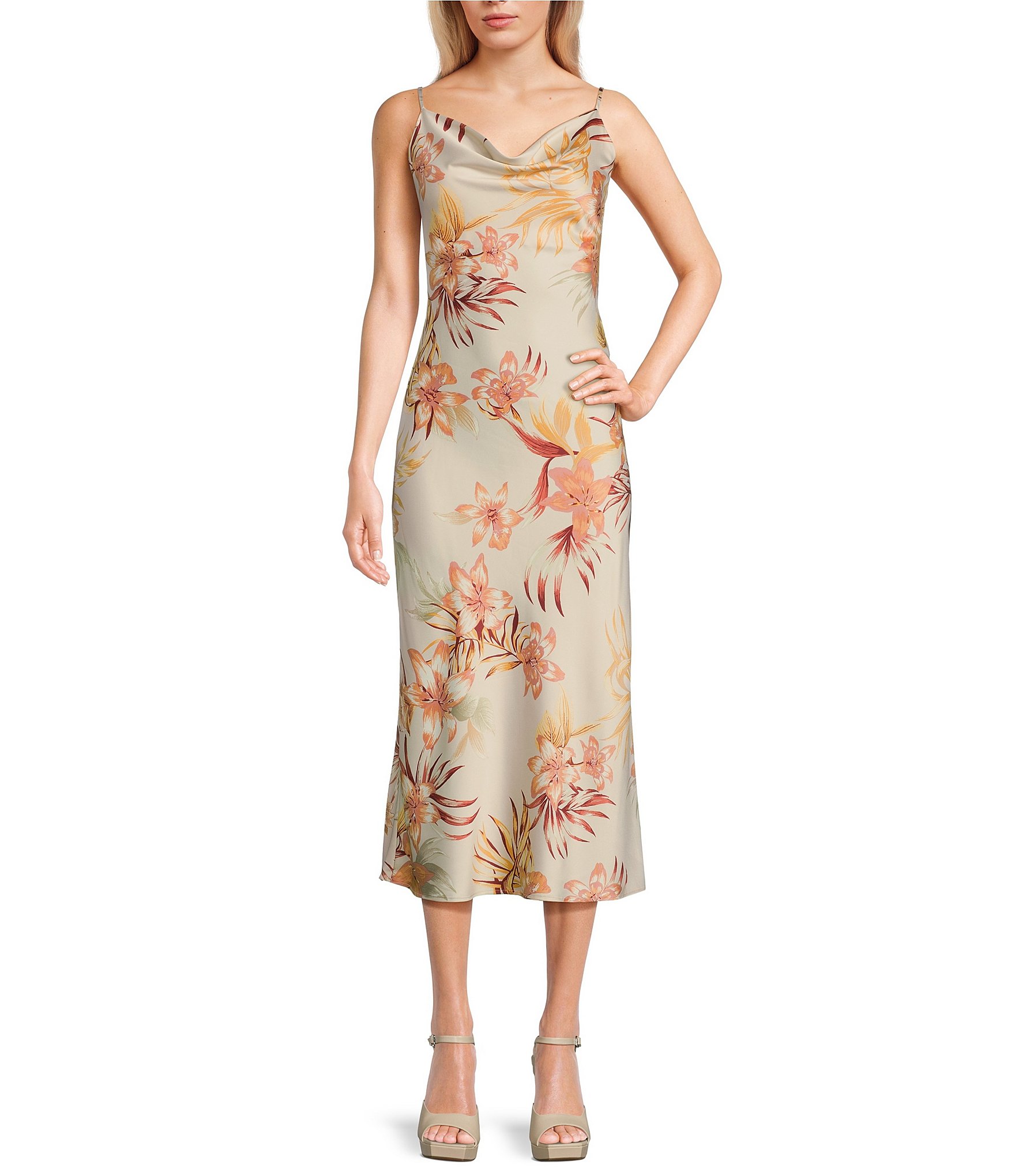 Evolutionary Tropical Floral Printed Cowl Neck Slip Midi Dress | Dillard's