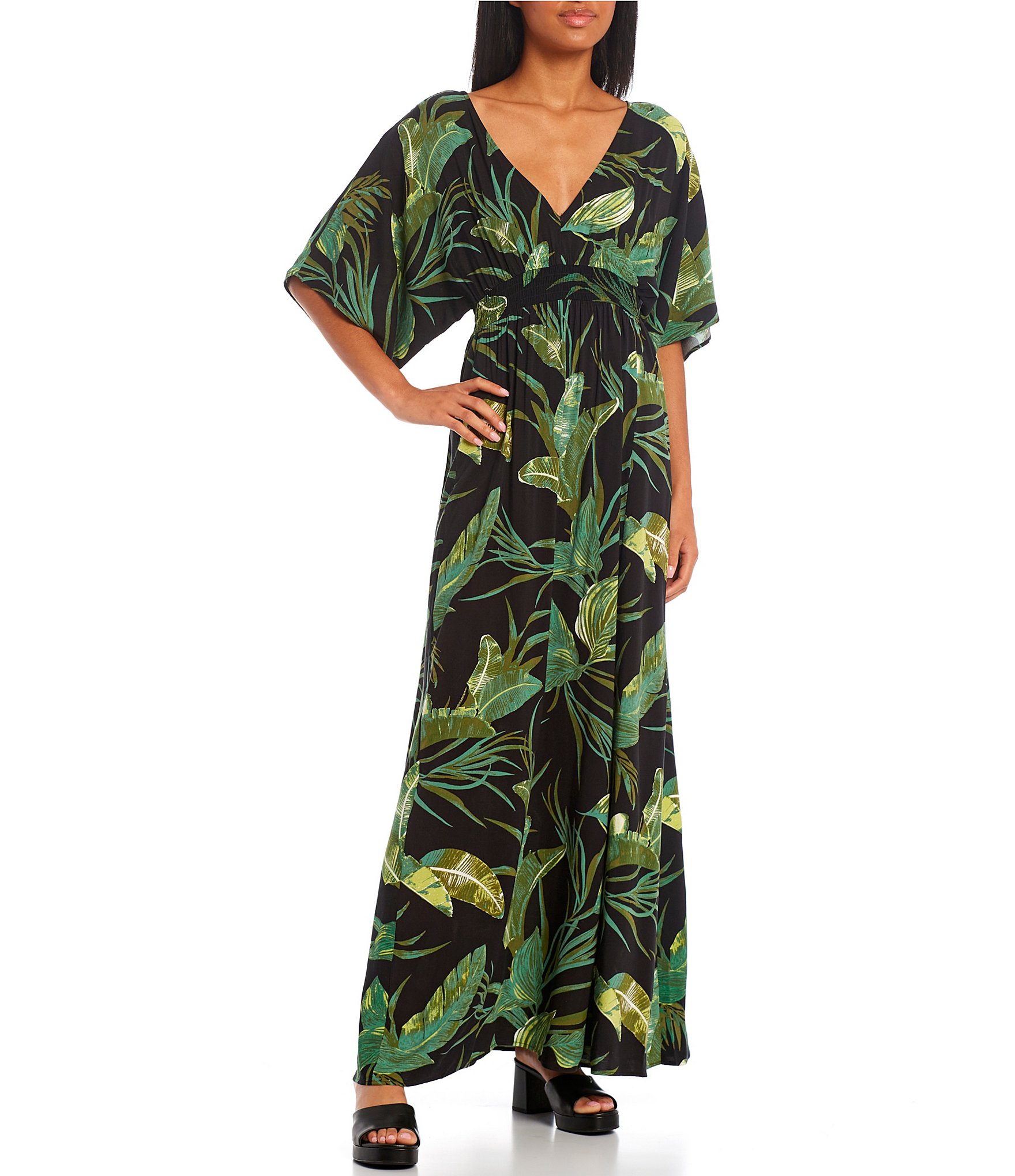 Evolutionary Tropical Print Short Sleeve Tie Back Dress | Dillard's