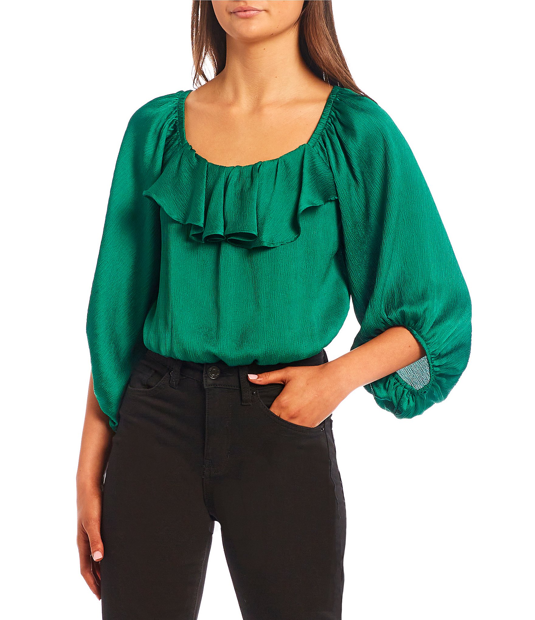 Evolutionary Ruffle Front Boat Neck Pull-On Top | Dillard's