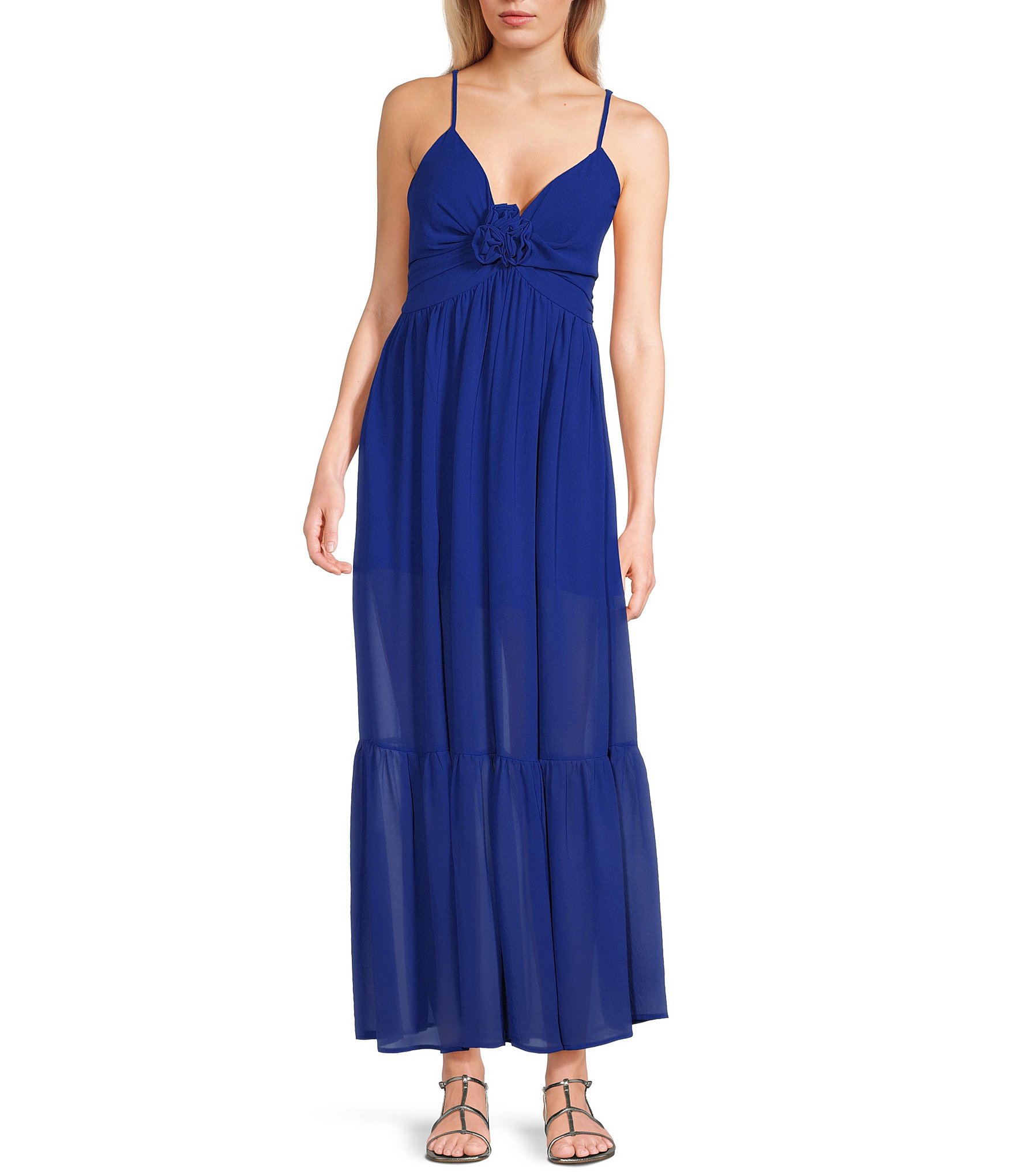 Evolutionary Spaghetti Strap Rosette Front Maxi Dress | Dillard's